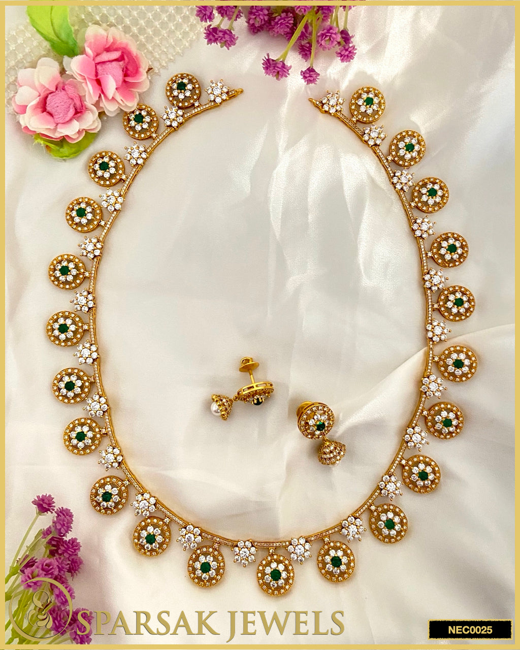 Gold Polished Handcrafted Flower Motif Temple Jewellery Necklace Set in Silver with Cubic Zirconia & Gemstones by Sparsak Jewels