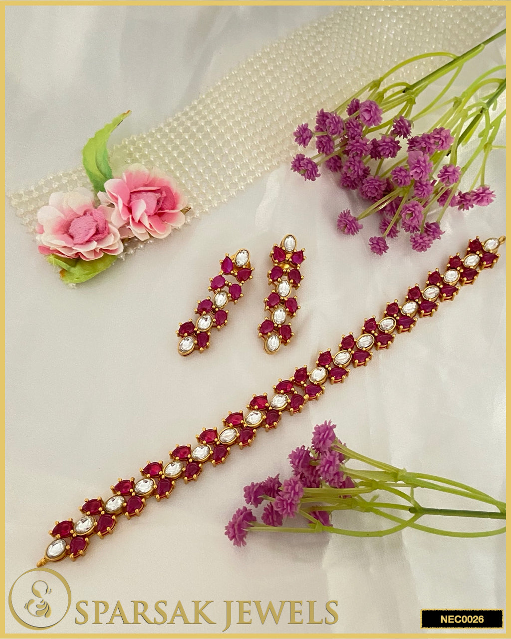 Gold Polished Kundan Single Line Necklace Set in Silver with Cubic Zirconia & Ruby by Sparsak Jewels