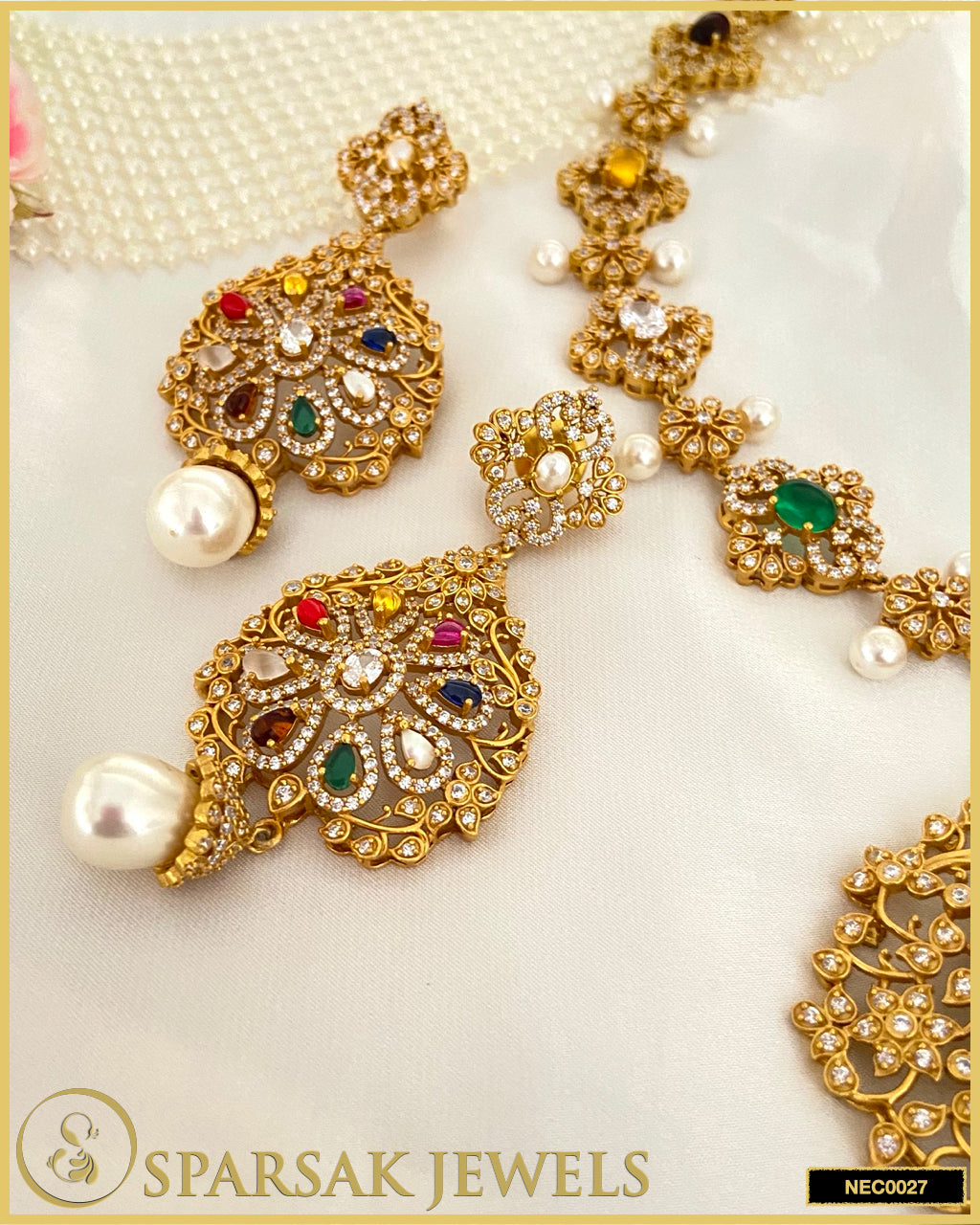 Gold Polished Handcrafted Navratan Temple Jewellery Necklace Set in Silver with Cubic Zirconia & Gemstones by Sparsak Jewels