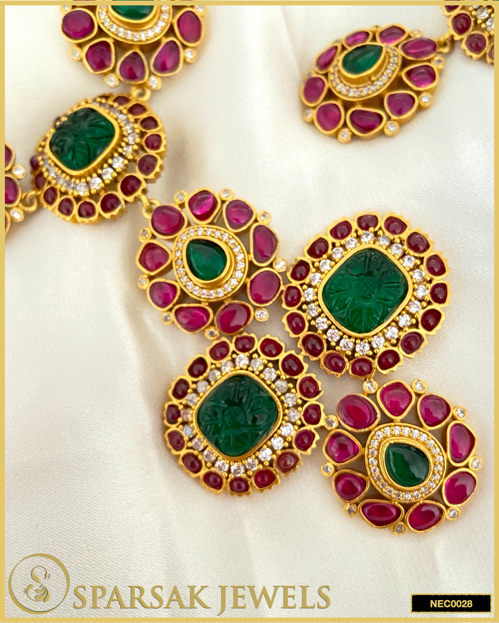 Gold Polished Kundan Necklace Set in Silver with Cubic Zirconia, Ruby, Emerald, and Carved Gemstones by Sparsak Jewels
