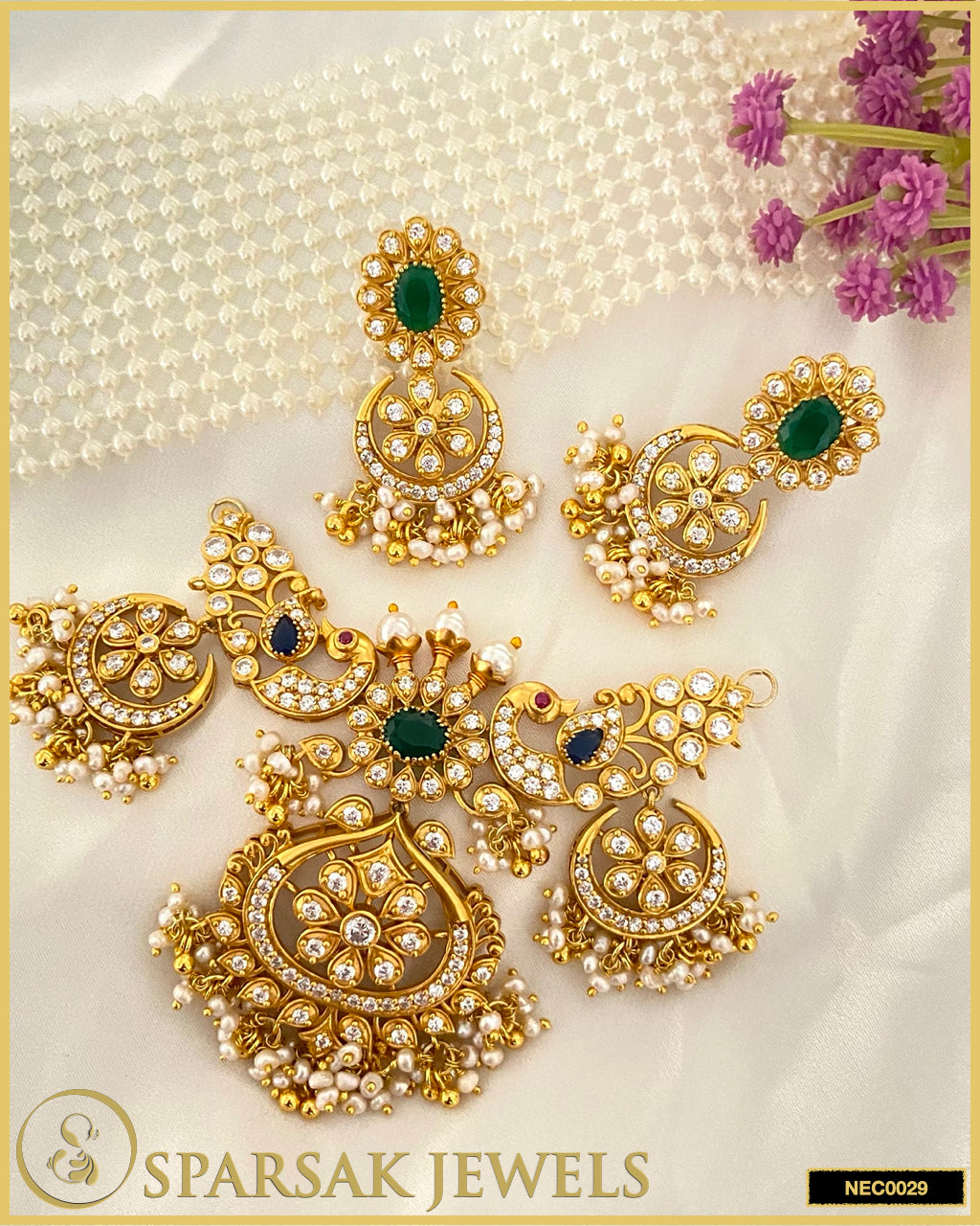 Gold Polished Handcrafted Temple Jewellery Choker Set in Silver with Cubic Zirconia & Gemstones by Sparsak Jewels