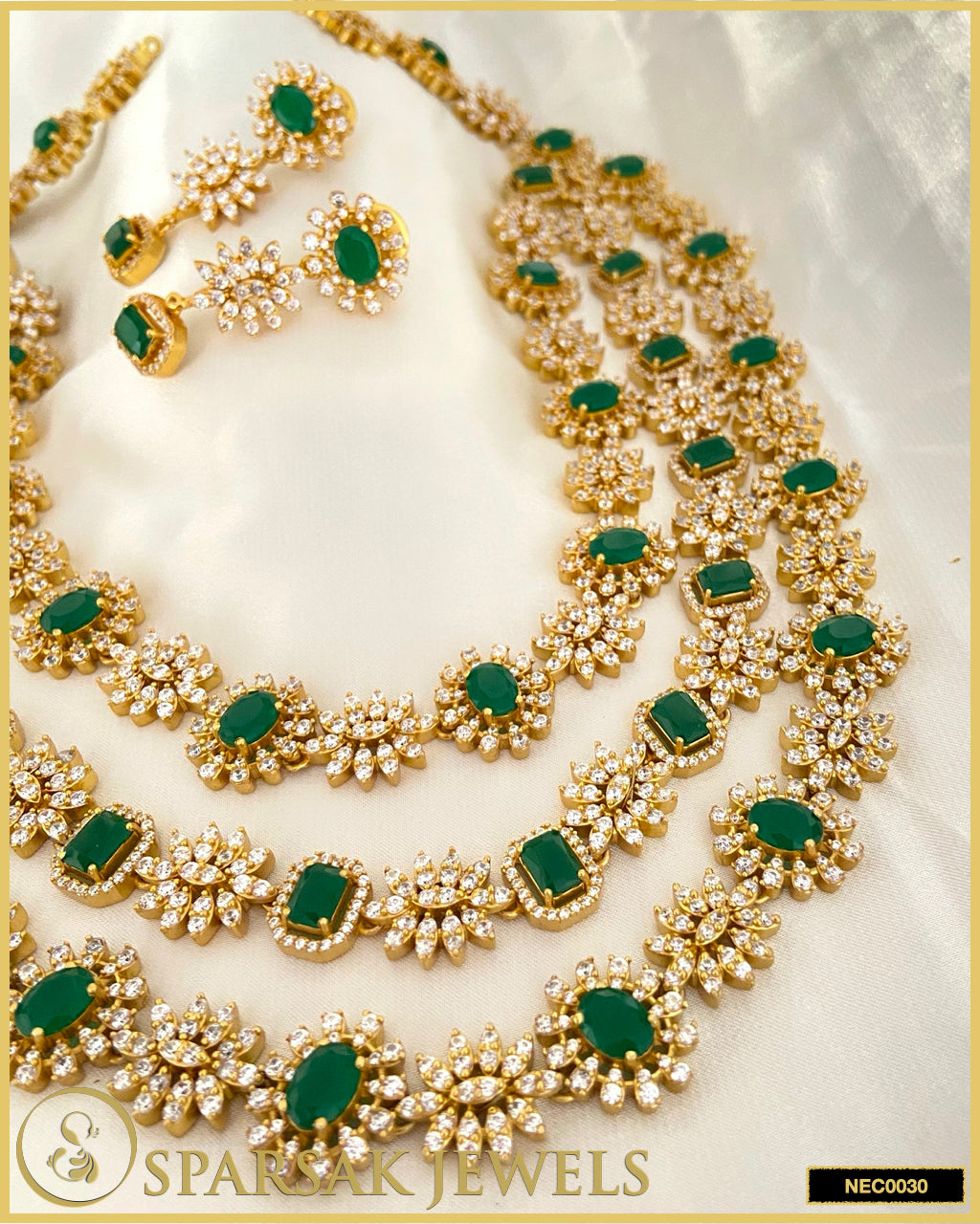 Gold Polished Handcrafted Temple Jewellery 3 Line Necklace Set in Silver with Cubic Zirconia & Emerald by Sparsak Jewels
