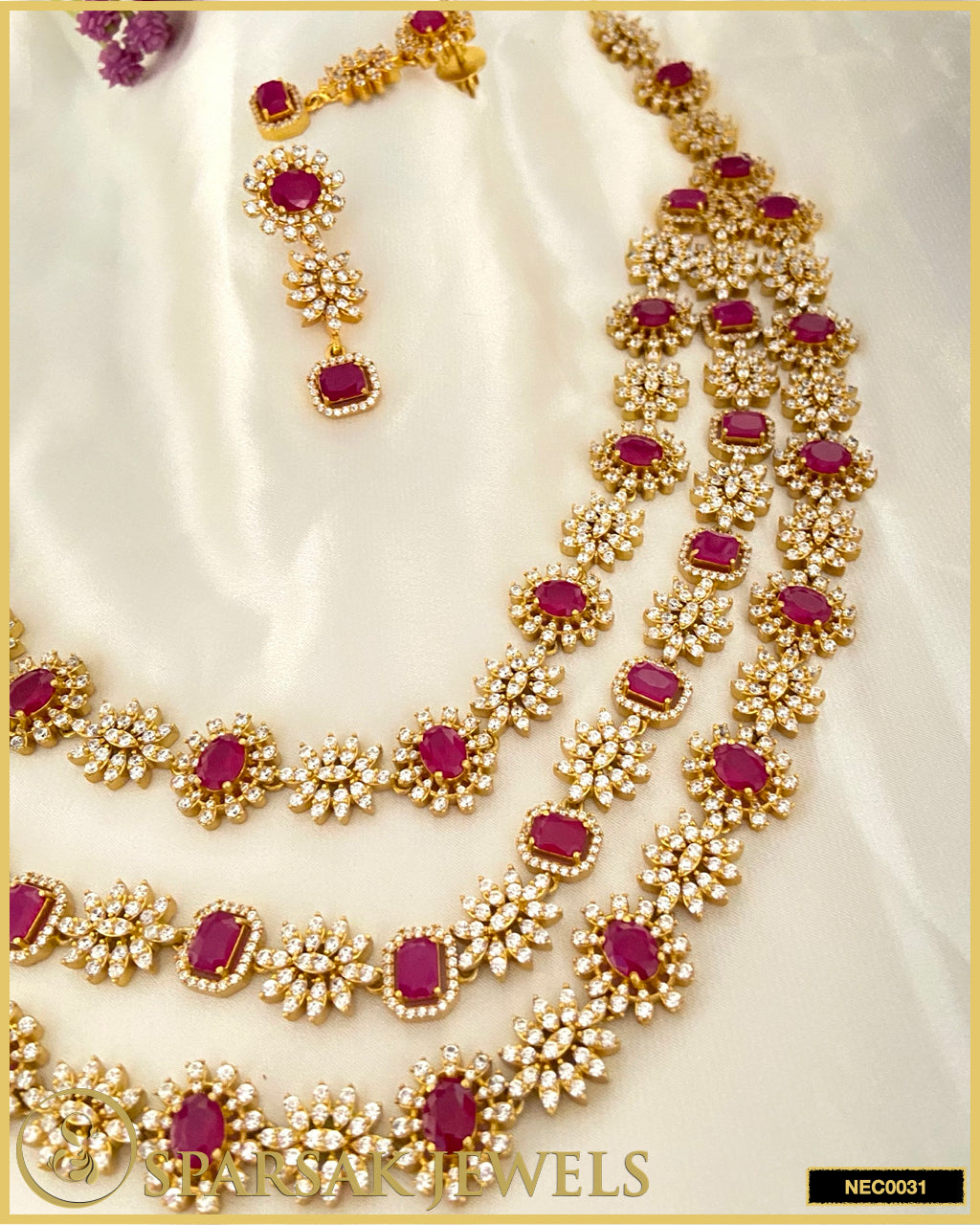 Gold Polished Handcrafted Temple Jewellery 3 Line Necklace Set in Silver with Cubic Zirconia & Ruby by Sparsak Jewels