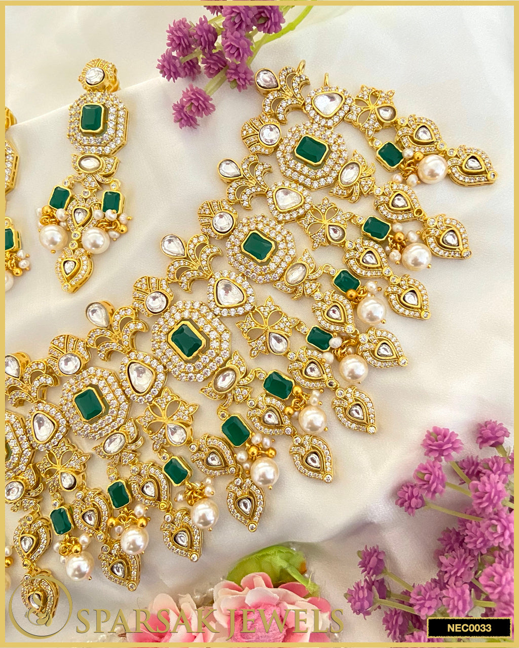 Gold Polished Handcrafted Kundan Broad Choker Set in Silver with Cubic Zirconia & Emerald by Sparsak Jewels