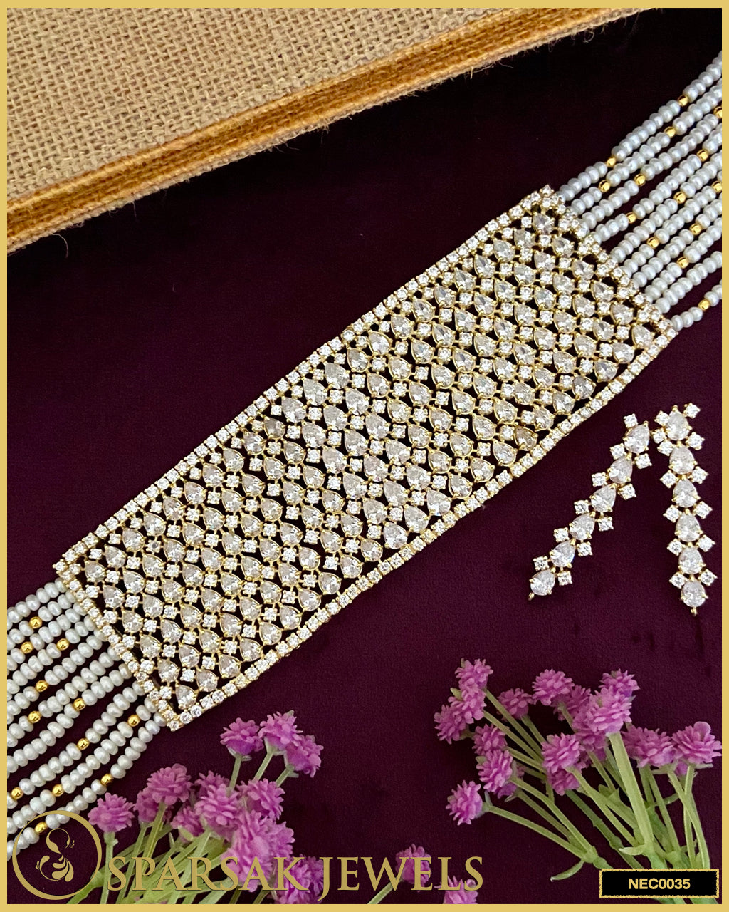 Gold Polished Handcrafted Broad Classic Choker Set in Silver with Cubic Zirconia by Sparsak Jewels