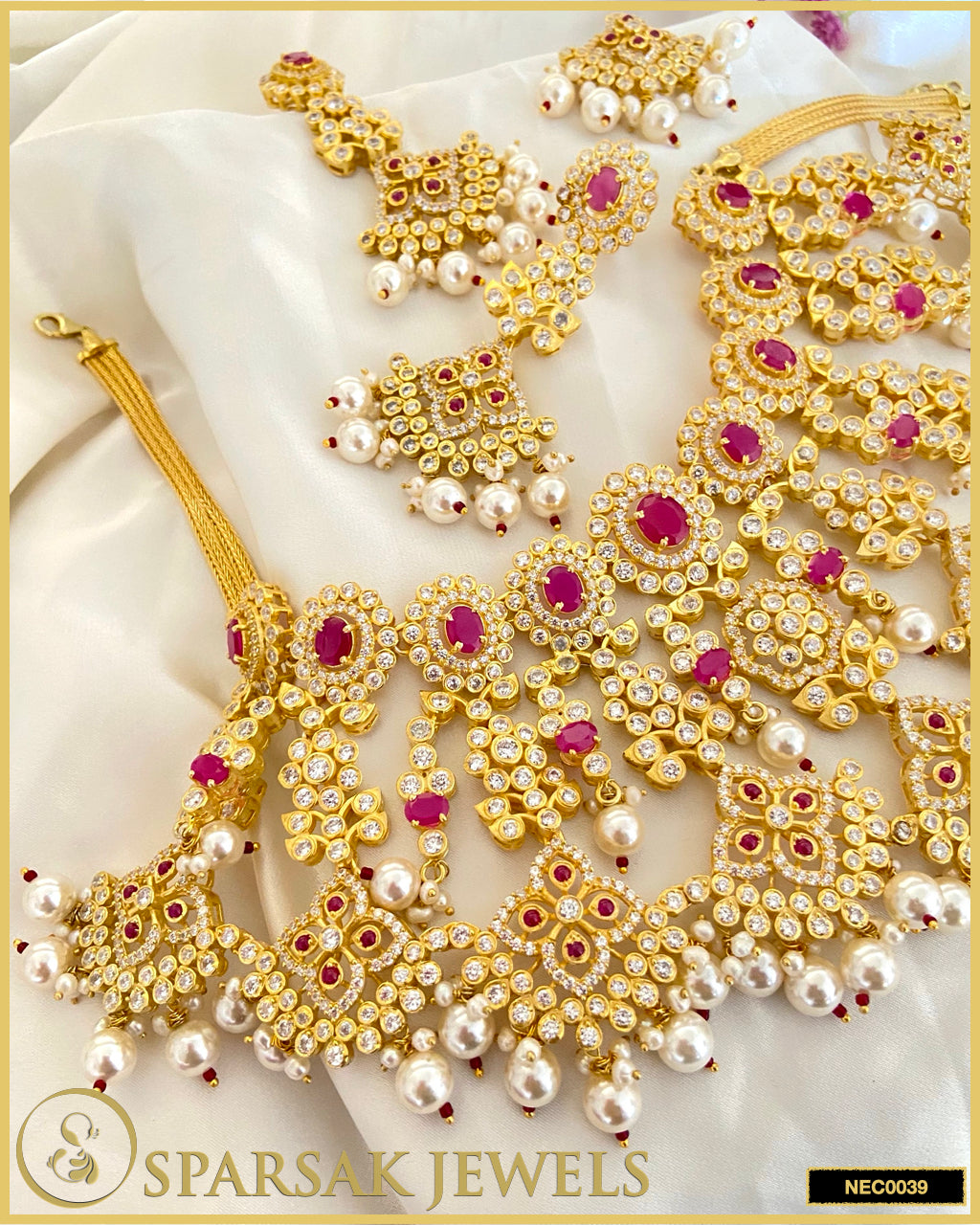 Gold Polished Handcrafted Bridal Necklace Set in Silver with Cubic Zirconia & Ruby by Sparsak Jewels