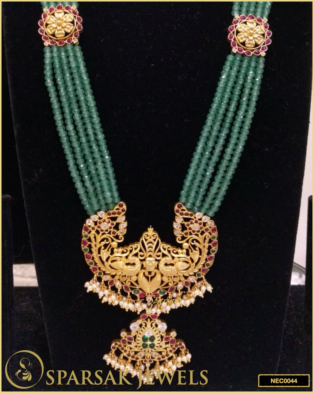 Gold Polished Handcrafted Long 5 Line Emerald Temple Necklace Set in Silver with Cubic Zirconia, Ruby, and Emerald by Sparsak Jewels