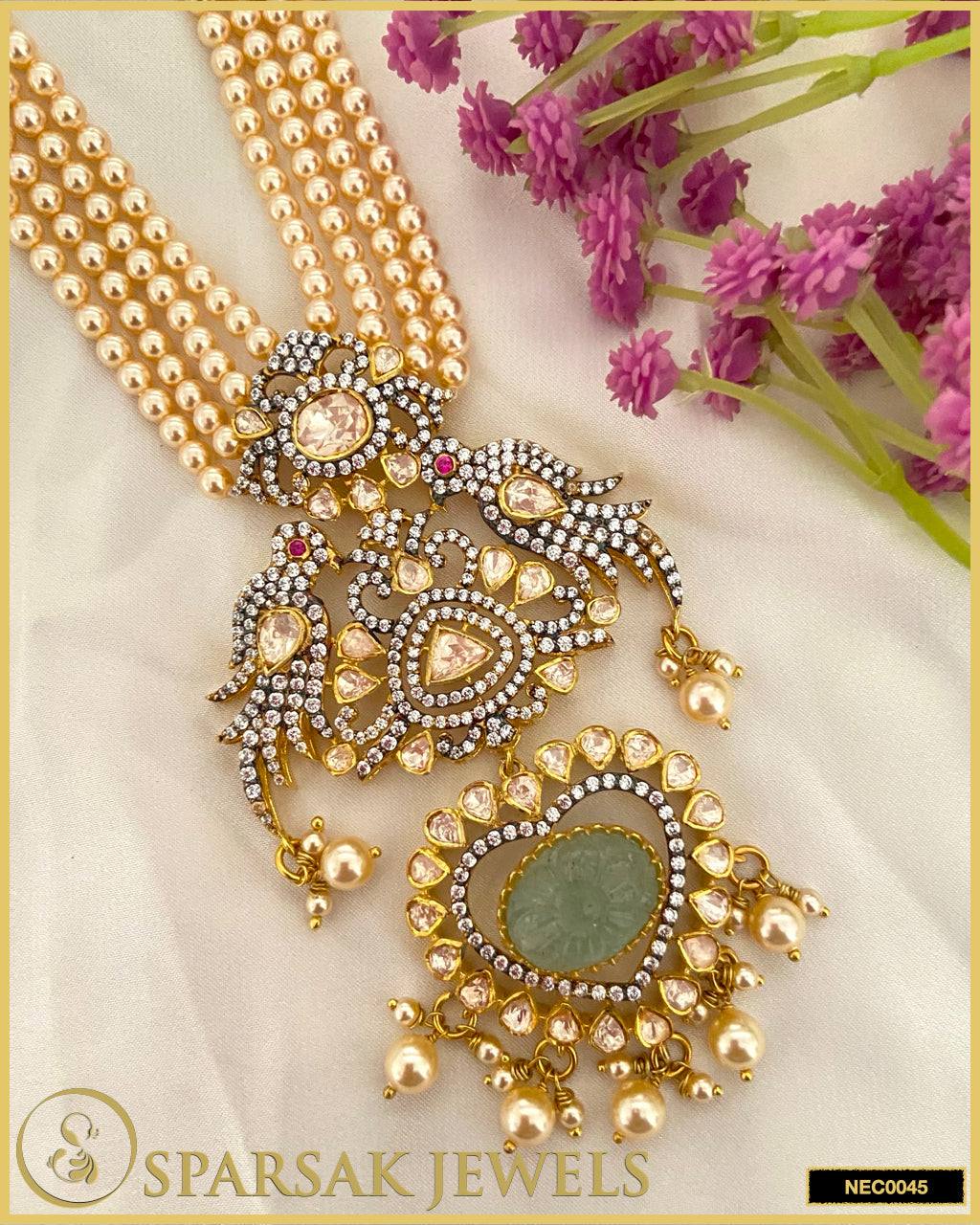 Gold Polished Handcrafted Long 3 Line Pearl Kundan Necklace in Silver with Cubic Zirconia, Moissanite, and Carved Gemstone by Sparsak Jewels