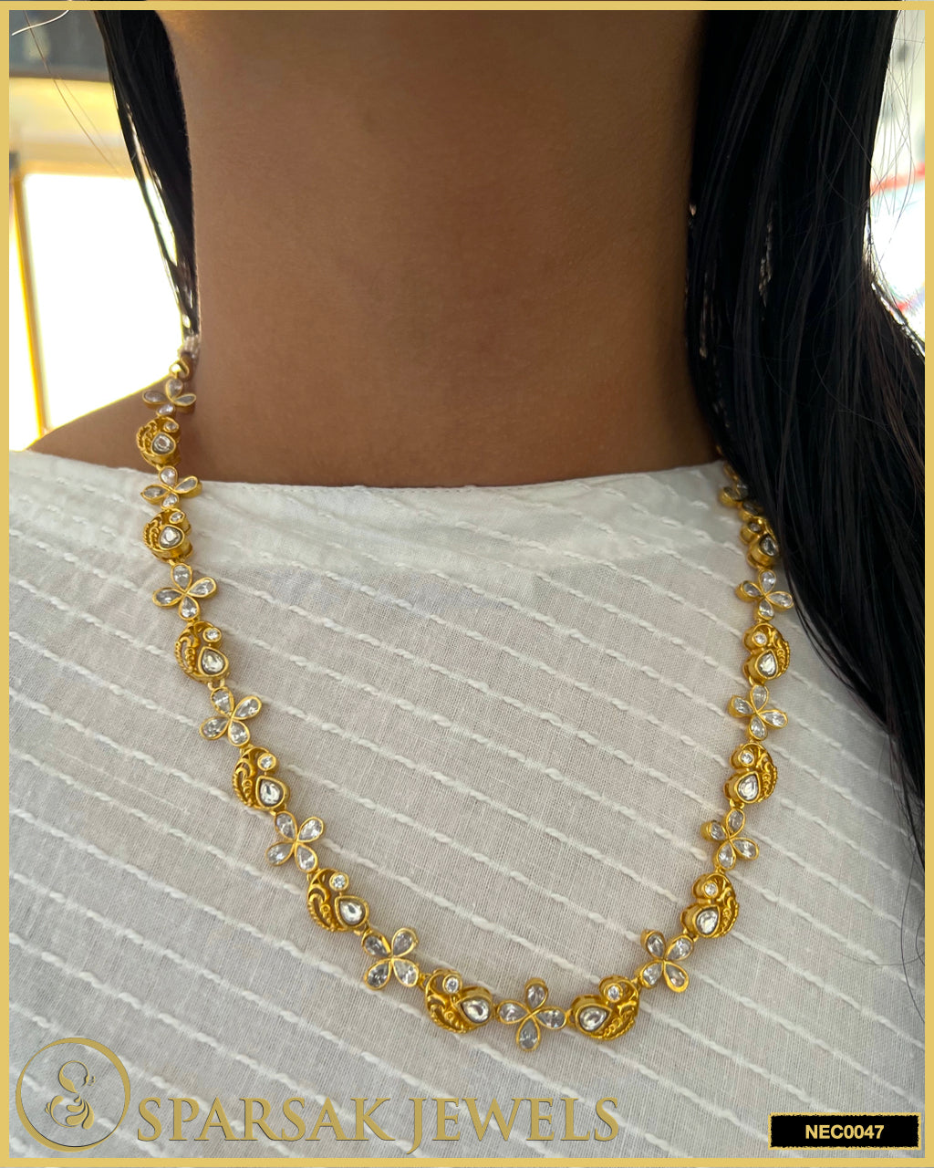 Gold Polished Single Line Peacock Necklace Set in Silver with Cubic Zirconia by Sparsak Jewels