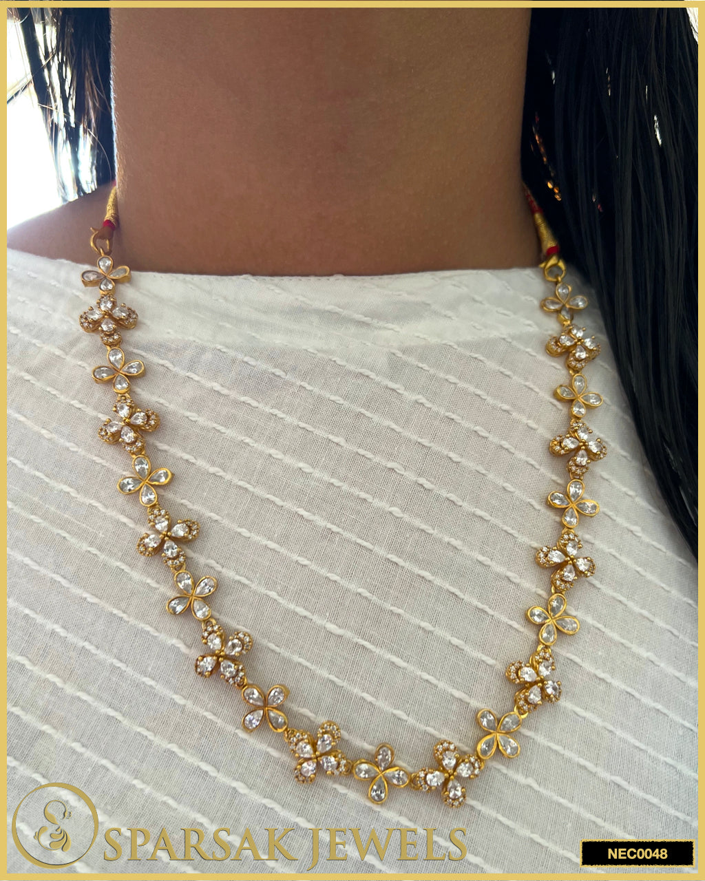 Gold Polished Single Line Flower Necklace Set in Silver with Cubic Zirconia by Sparsak Jewels