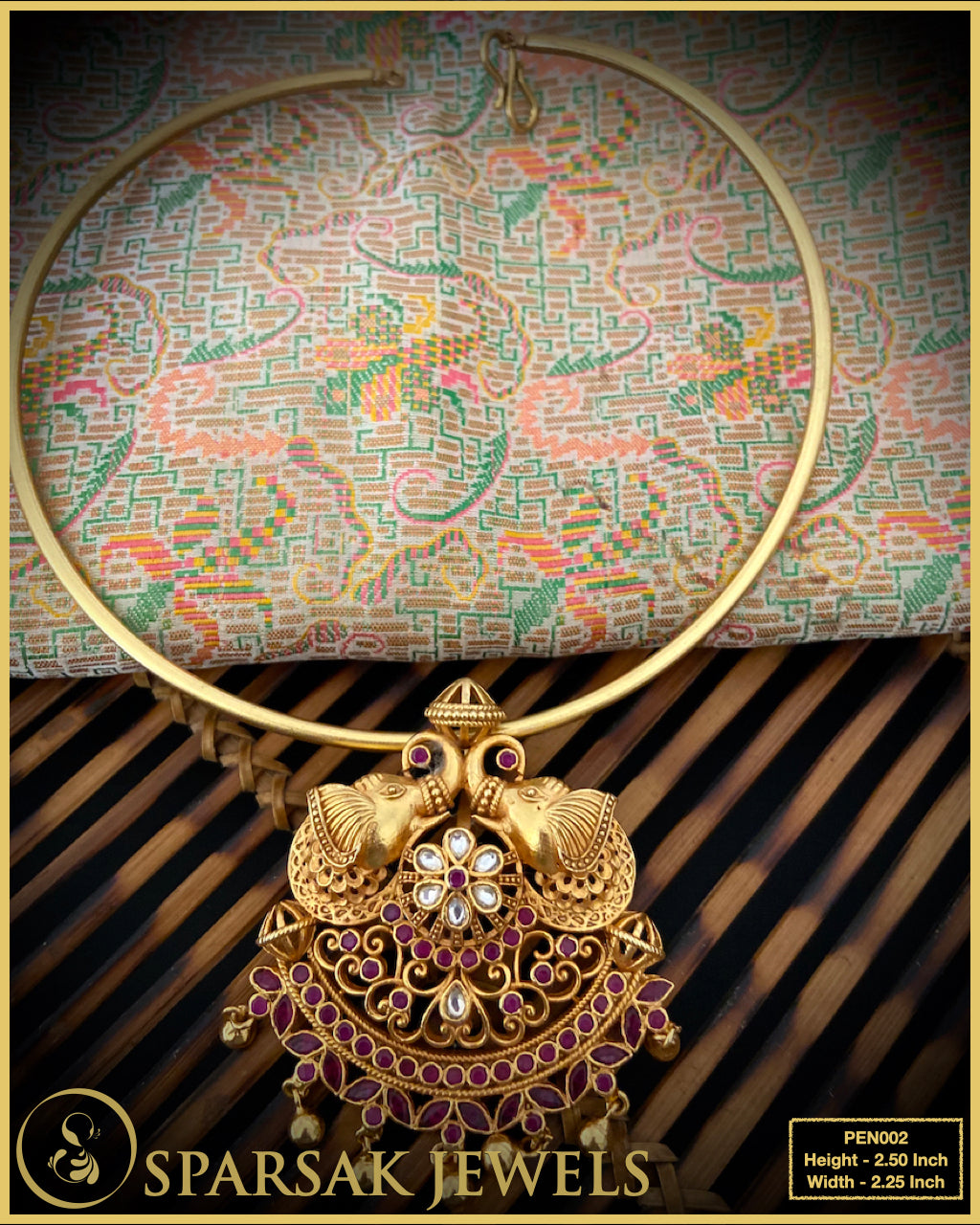 Gold Polished Temple Jewellery Handcrafted Two Elephant Pendant in Hasli by Sparsak Jewels