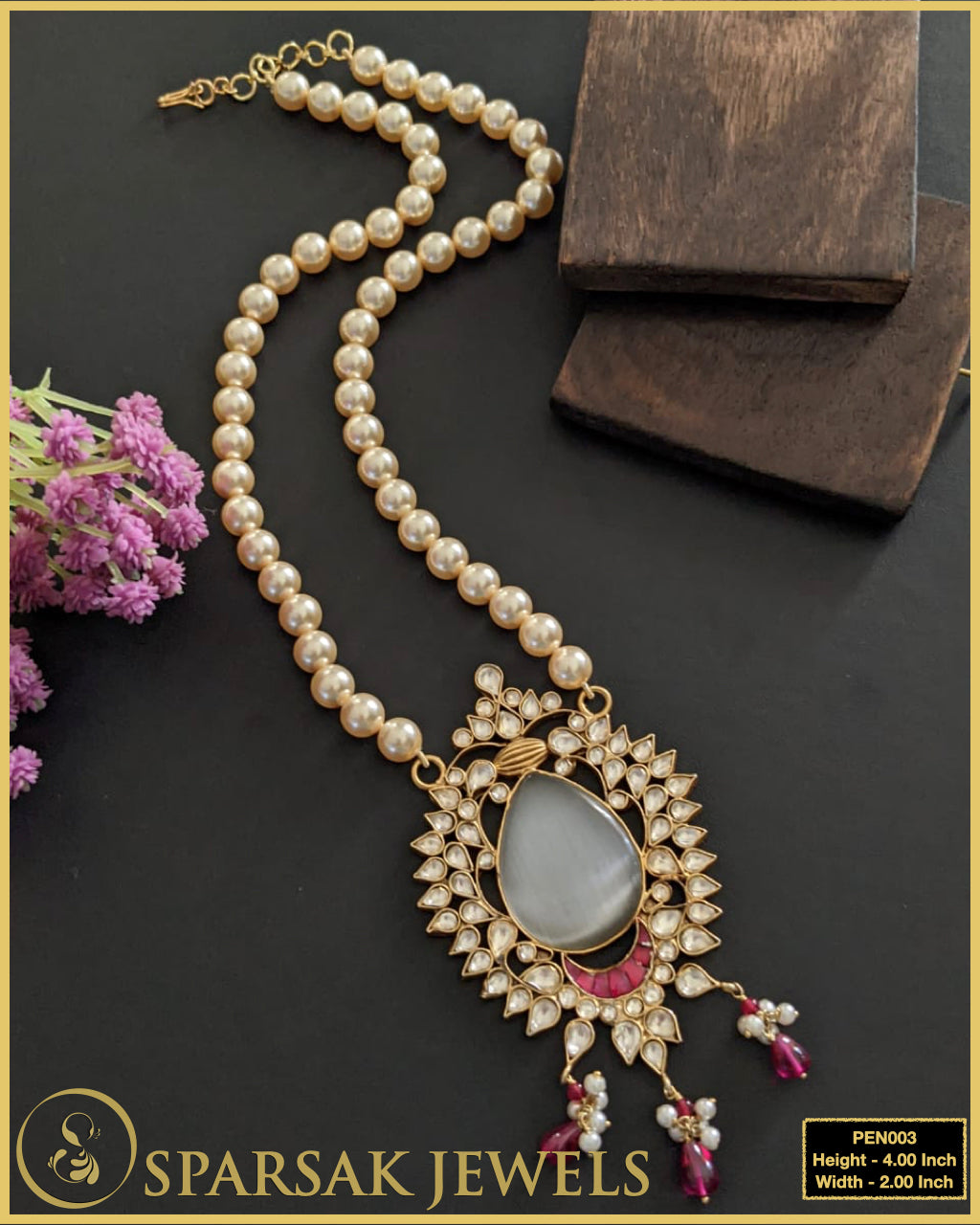 Gold Polished Kundan Cateye Pendant and Pearl Chain by Sparsak Jewels