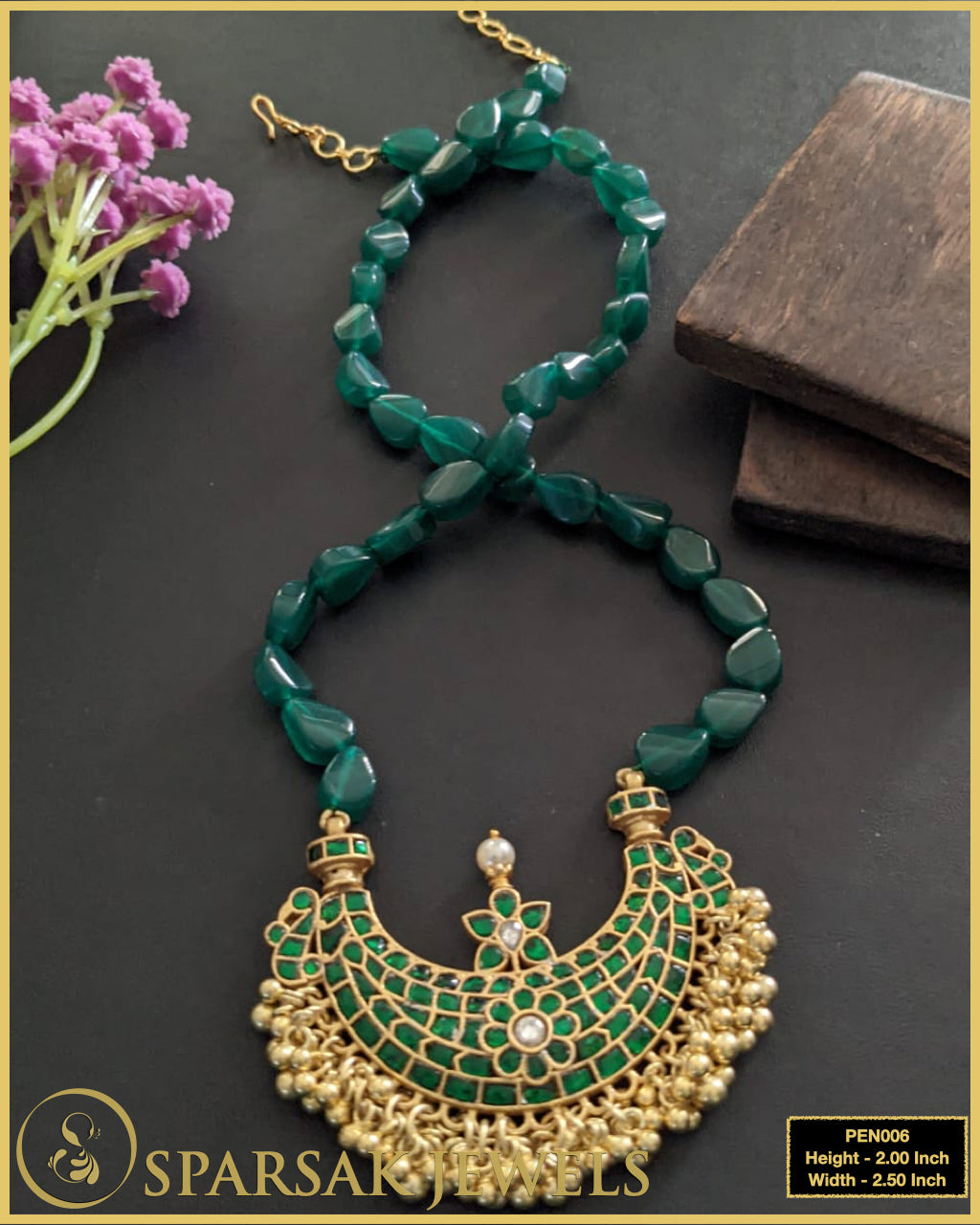 Gold Polished Chand Pendant with Emerald Bead Chain by Sparsak Jewels