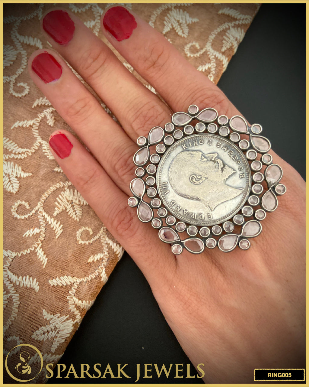 Sparsak Jewels Silver Polki Oversized Coin Ring - Exquisite statement jewelry featuring antique coin design and polki stones