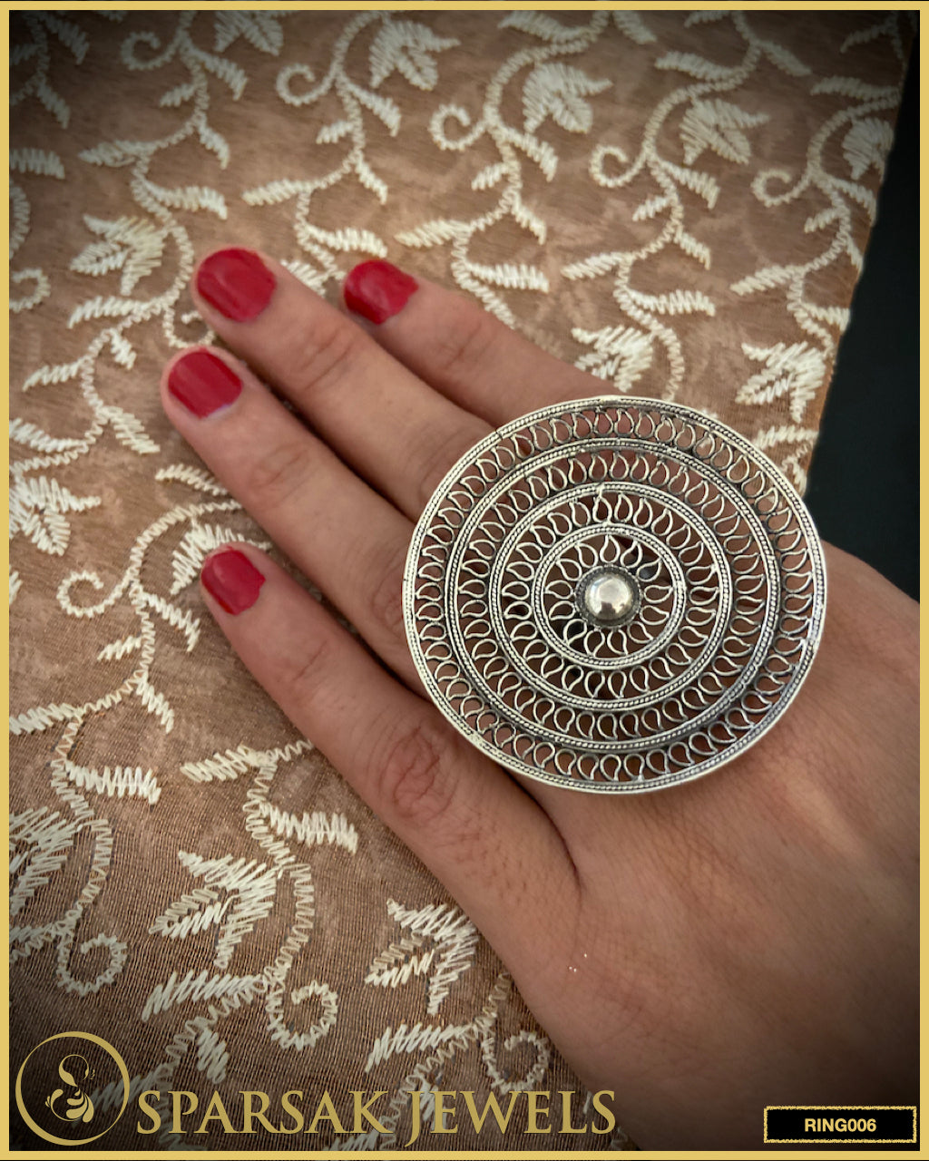 Sparsak Jewels Silver Oversized Mango Jaali Ring - Exquisite statement jewelry featuring intricate mango jaali design