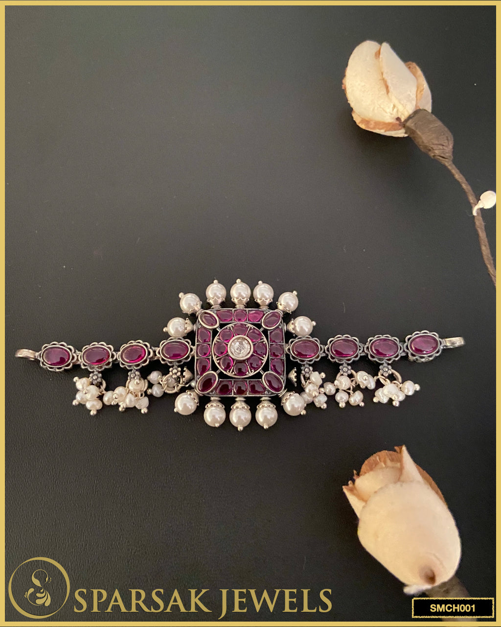 Handcrafted silver temple jewellery small choker necklace with intricate designs by Sparsak Jewels