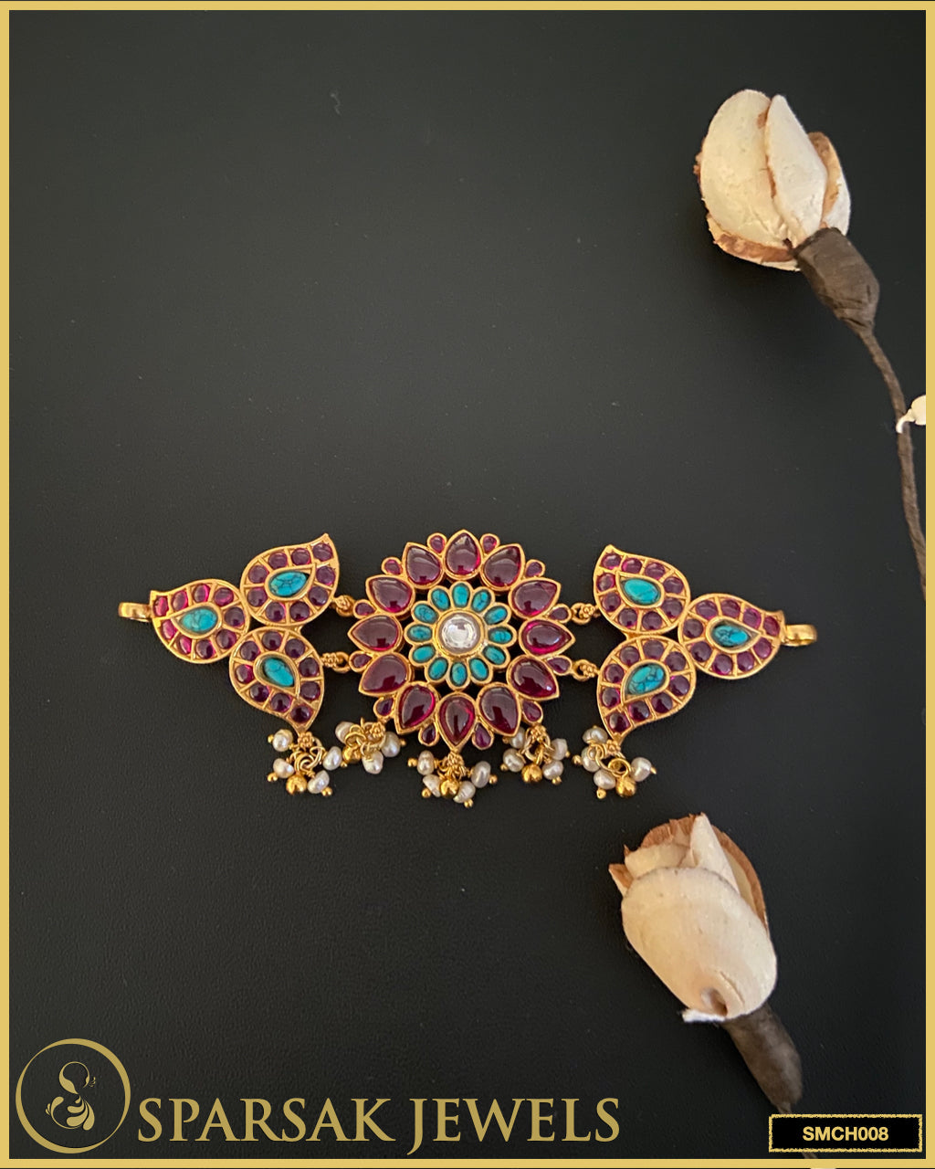 Gold polished handcrafted temple jewellery choker made in silver by Sparsak Jewels