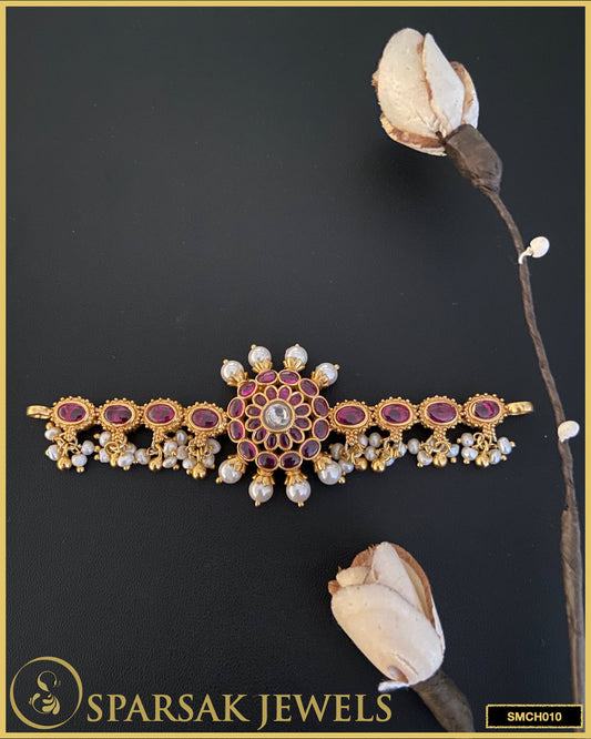 Gold polished handcrafted temple jewellery choker made in silver by Sparsak Jewels