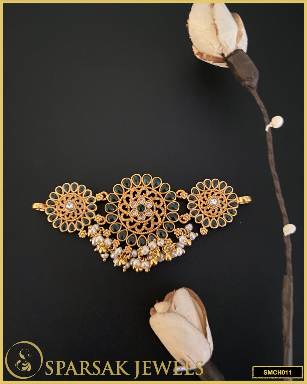 Gold polished handcrafted temple jewellery choker made in silver by Sparsak Jewels