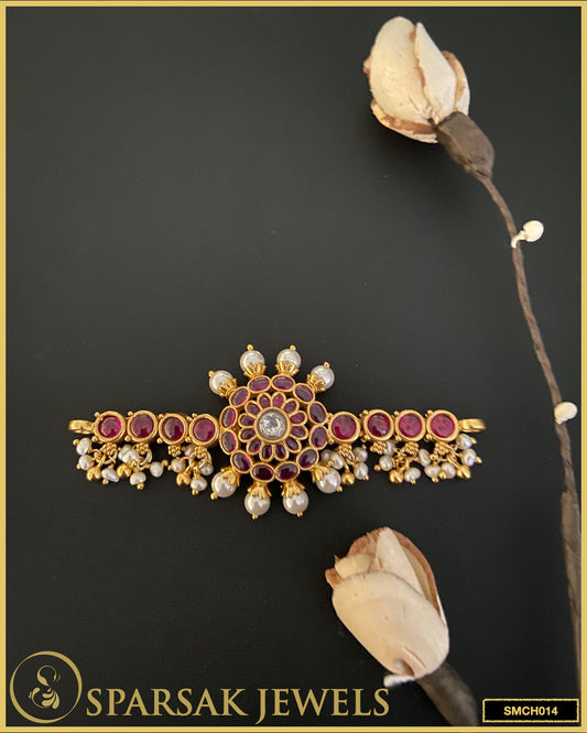 Gold-polished handcrafted temple jewellery choker made in silver by Sparsak Jewels