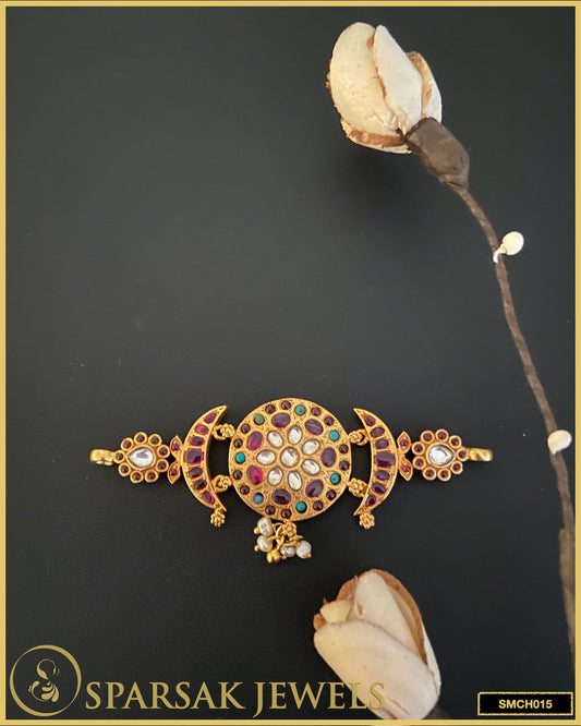 Gold-polished handcrafted temple jewellery choker made in silver by Sparsak Jewels