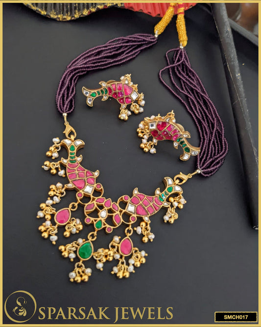 Gold-polished handcrafted Kundan fish choker and earrings made in silver by Sparsak Jewels