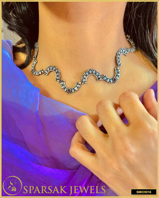 Handcrafted silver temple jewellery choker necklace with intricate designs by Sparsak Jewels