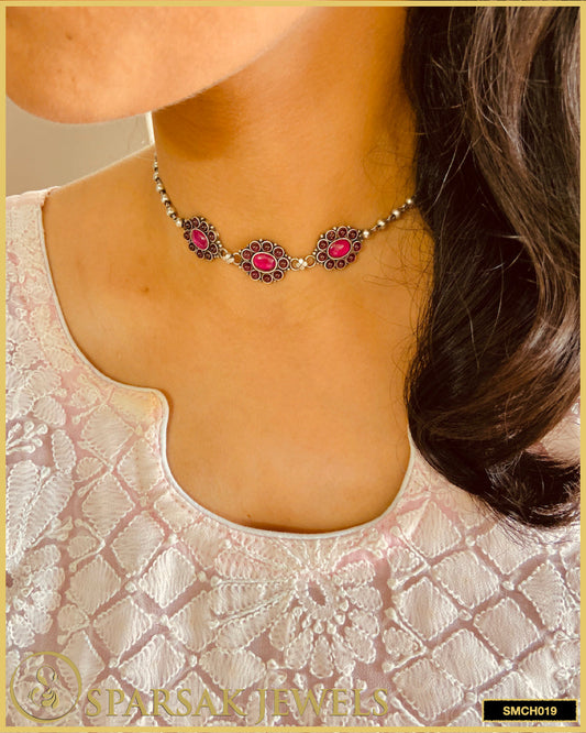Handcrafted silver temple jewellery choker necklace with intricate designs by Sparsak Jewels
