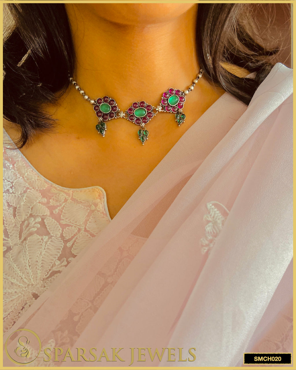Handcrafted silver temple jewellery choker necklace with intricate designs by Sparsak Jewels