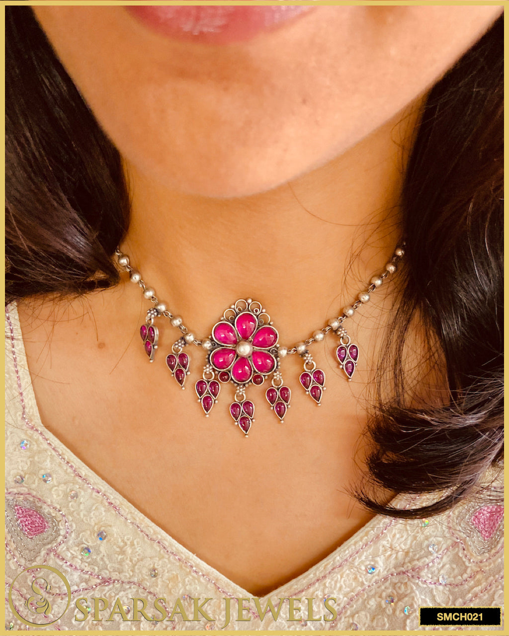 Handcrafted silver temple jewellery choker necklace with intricate designs by Sparsak Jewels