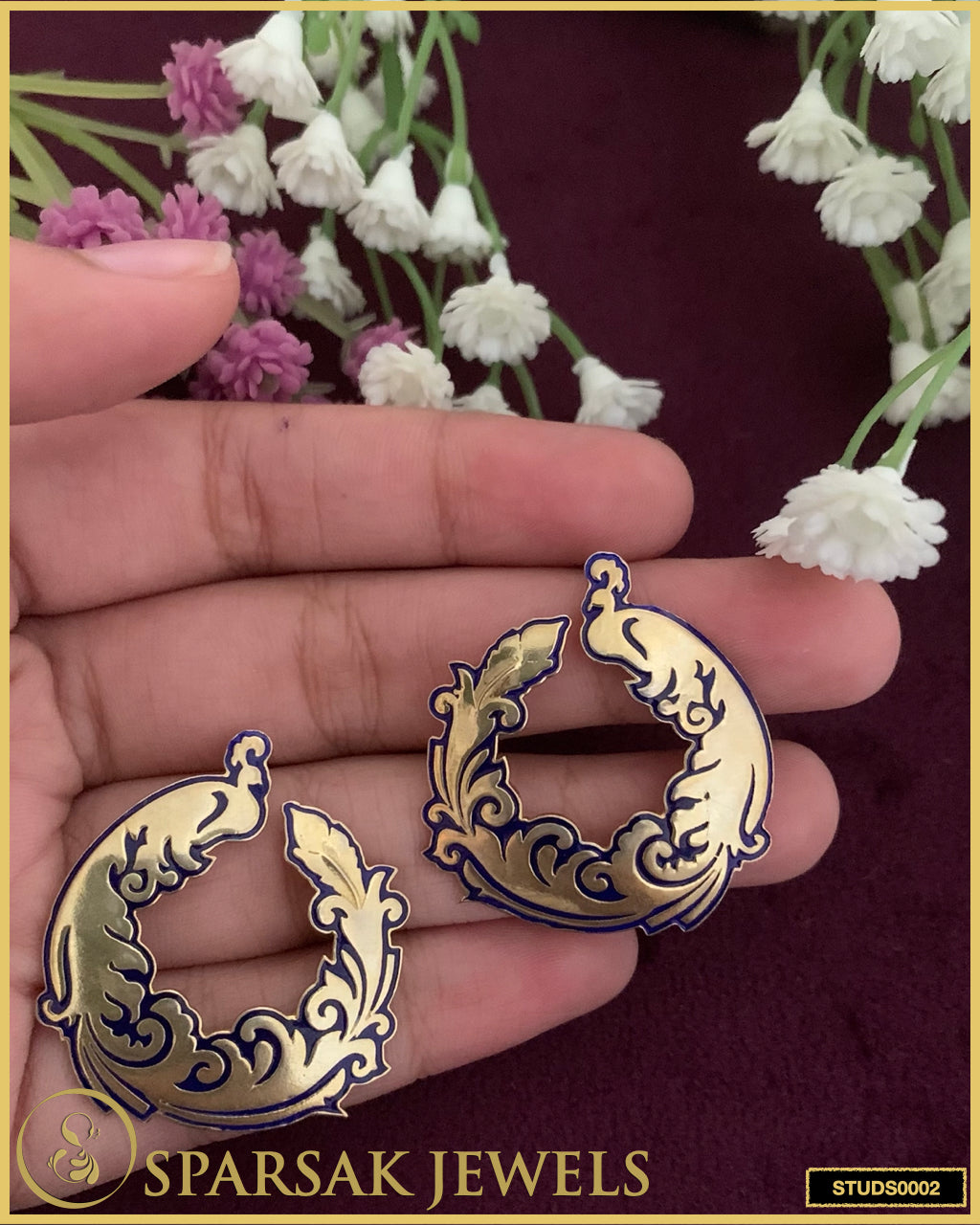 Contemporary Gold Polished Peacock Silver Studs by Sparsak Jewels