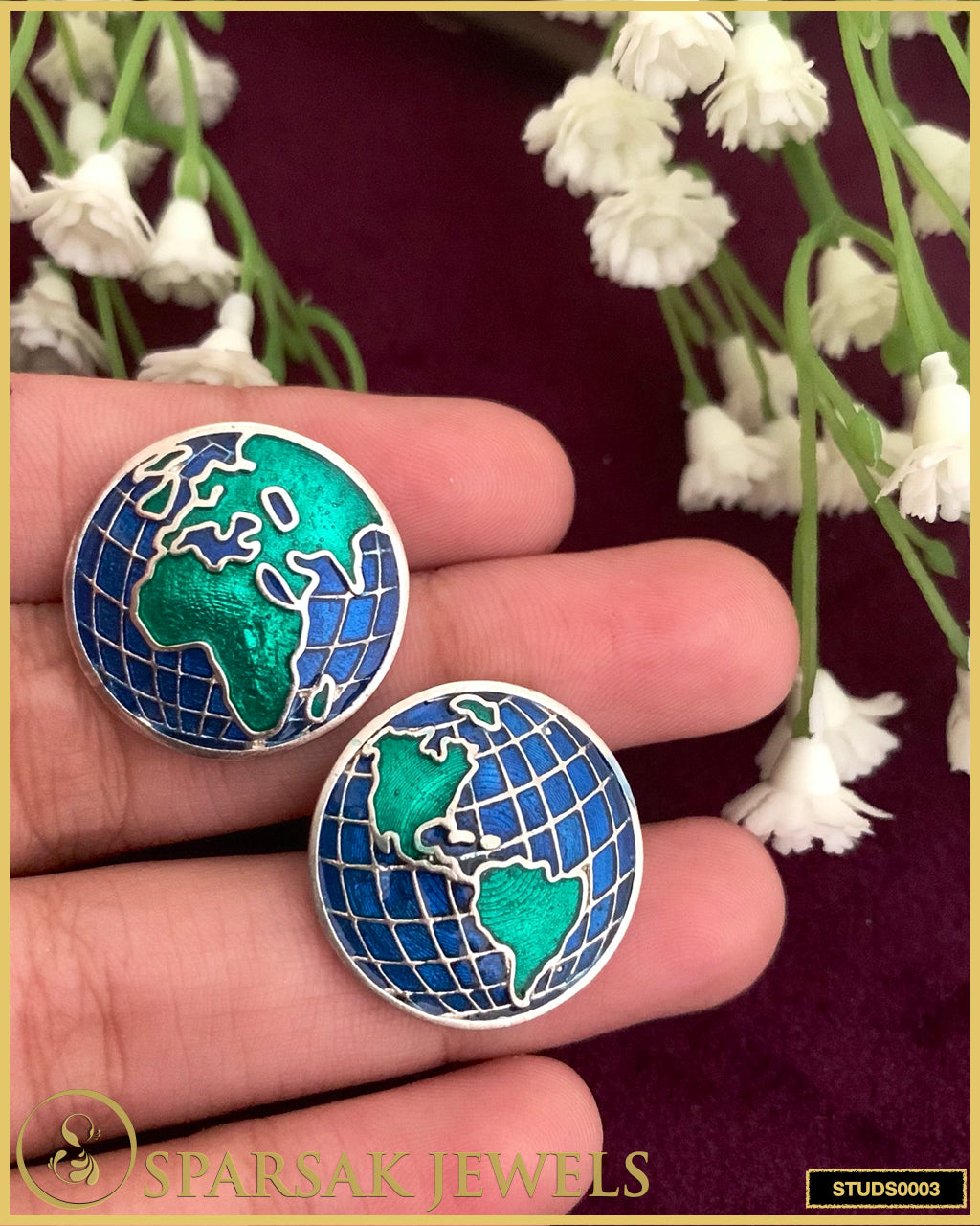Contemporary Enamel World Morning Silver Studs by Sparsak Jewels