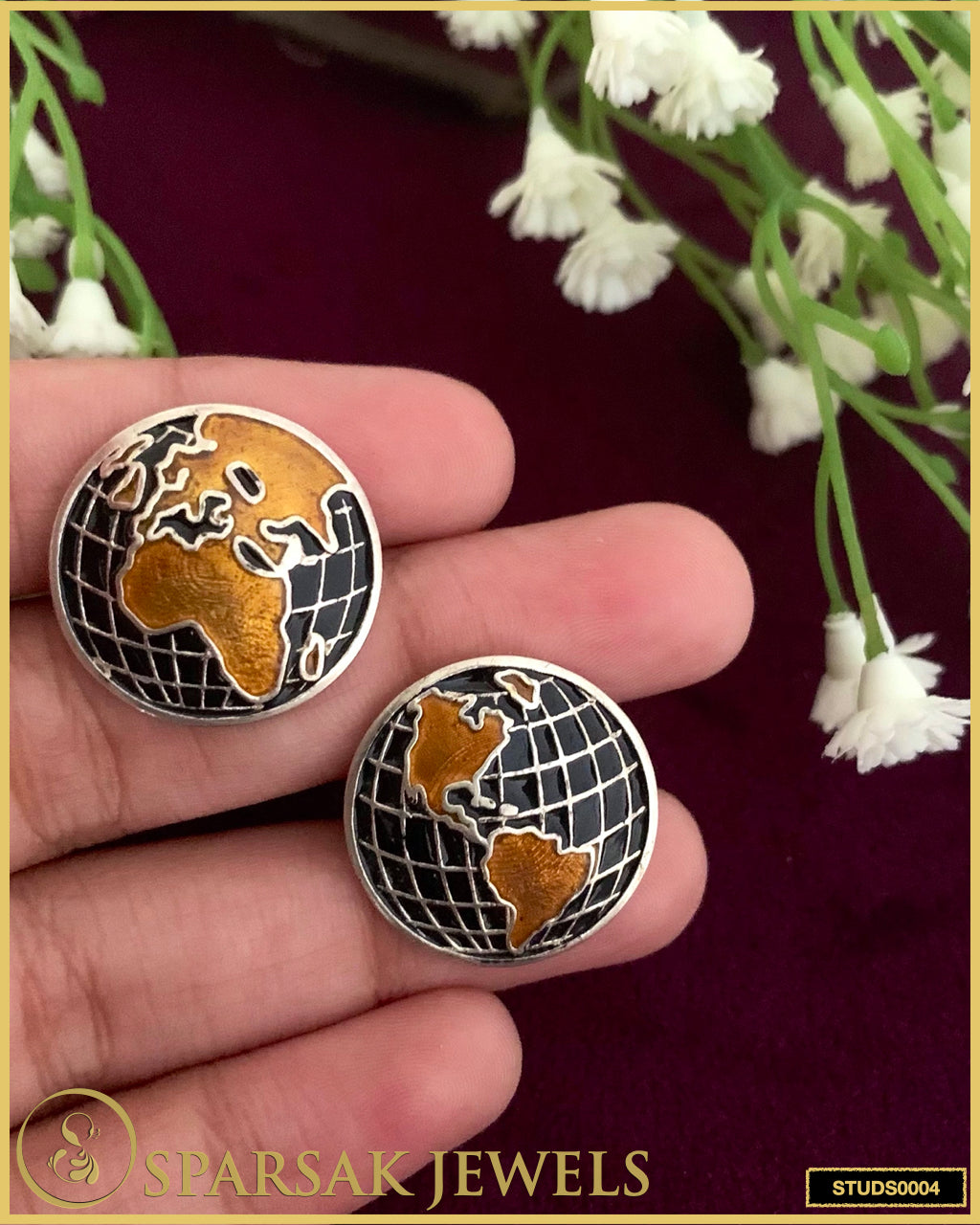 Contemporary Enameled World Night Silver Studs by Sparsak Jewels
