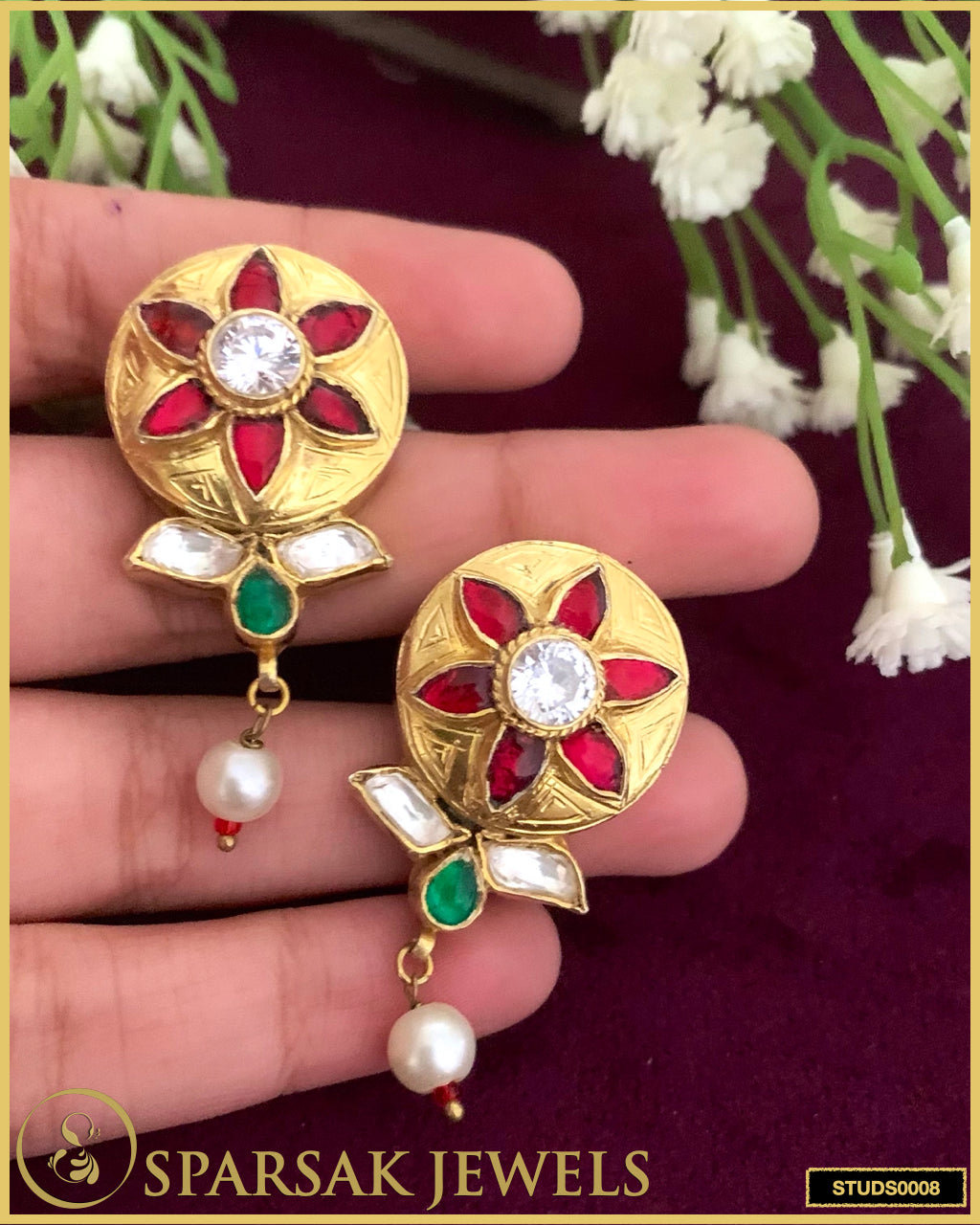 Handcrafted Gold Polished Kundan Flower Silver Studs by Sparsak Jewels