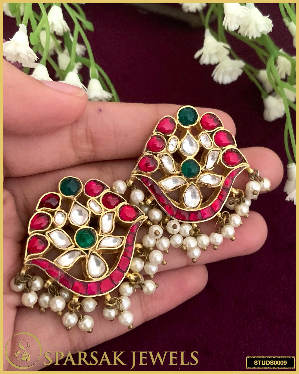 Handcrafted Gold Polished Kundan Traditional Silver Studs by Sparsak Jewels