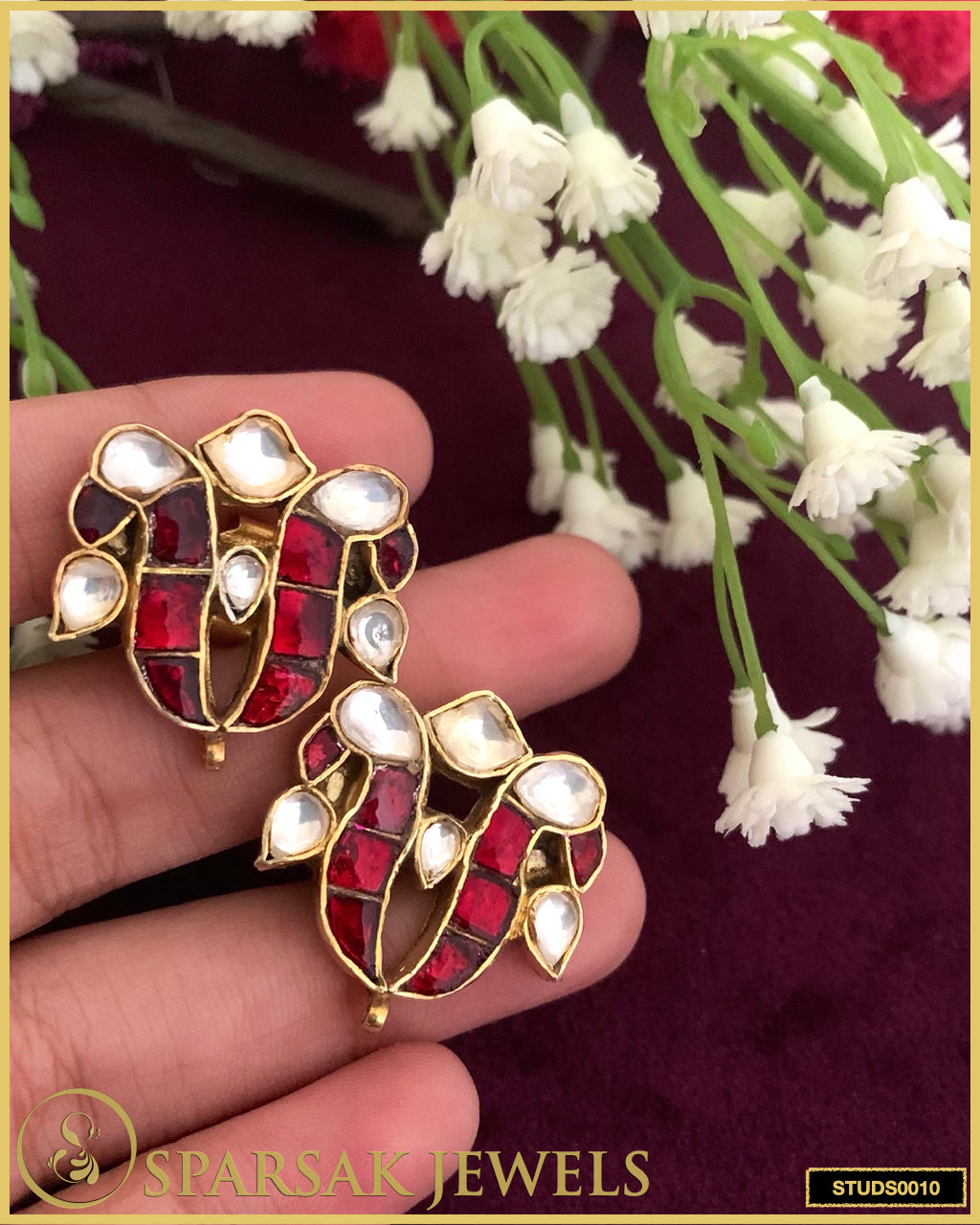 Handcrafted Gold Polished Peacock Kundan Traditional Silver Studs by Sparsak Jewels
