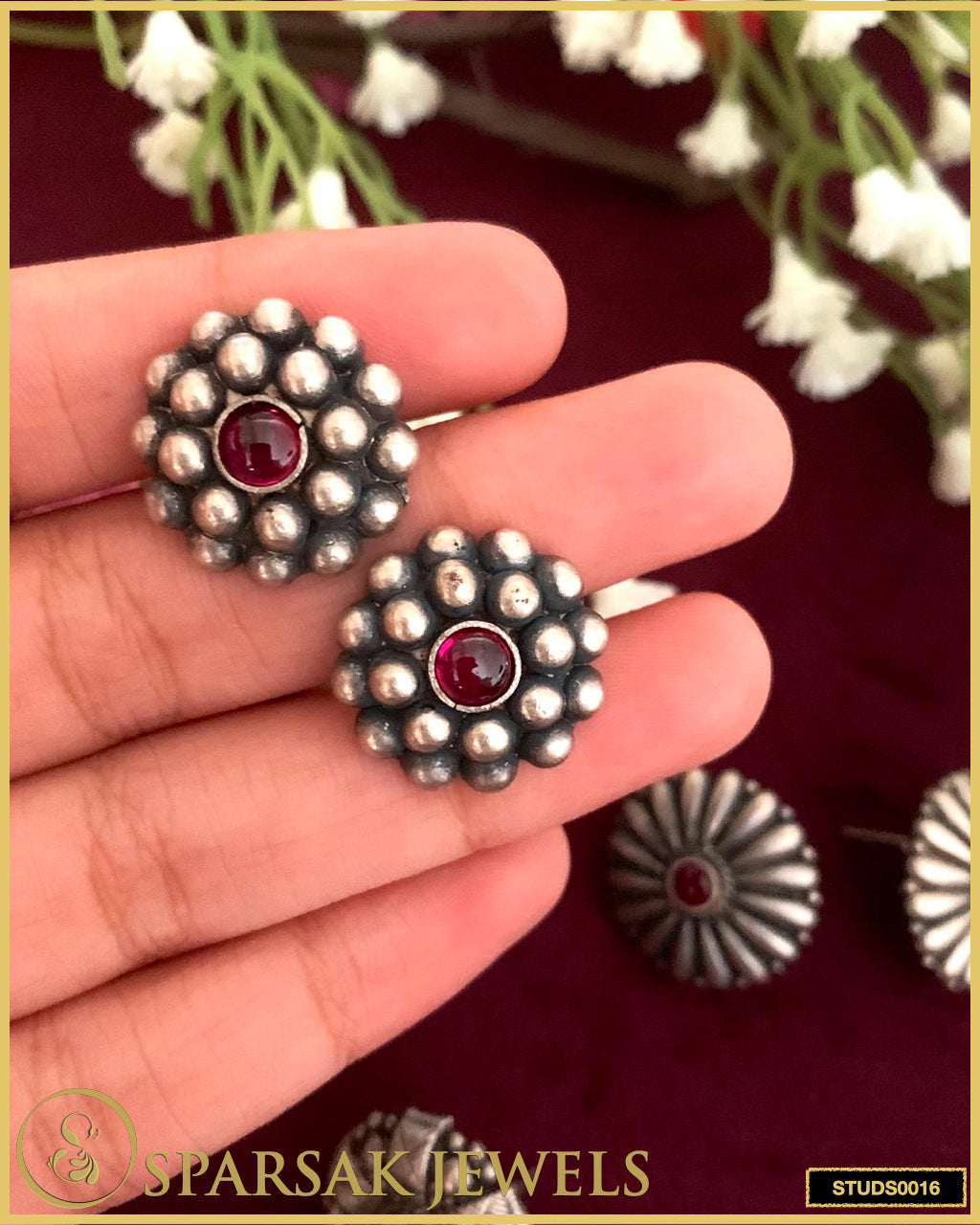 Elegant Silver Floral Temple Jewellery Studs by Sparsak Jewels