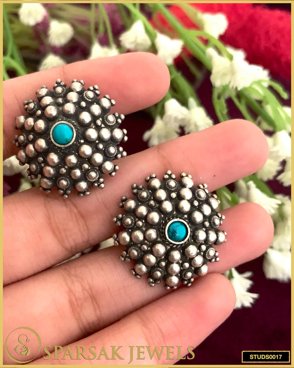 Artisanal Silver Temple Flower Stud Earrings by Sparsak Jewels