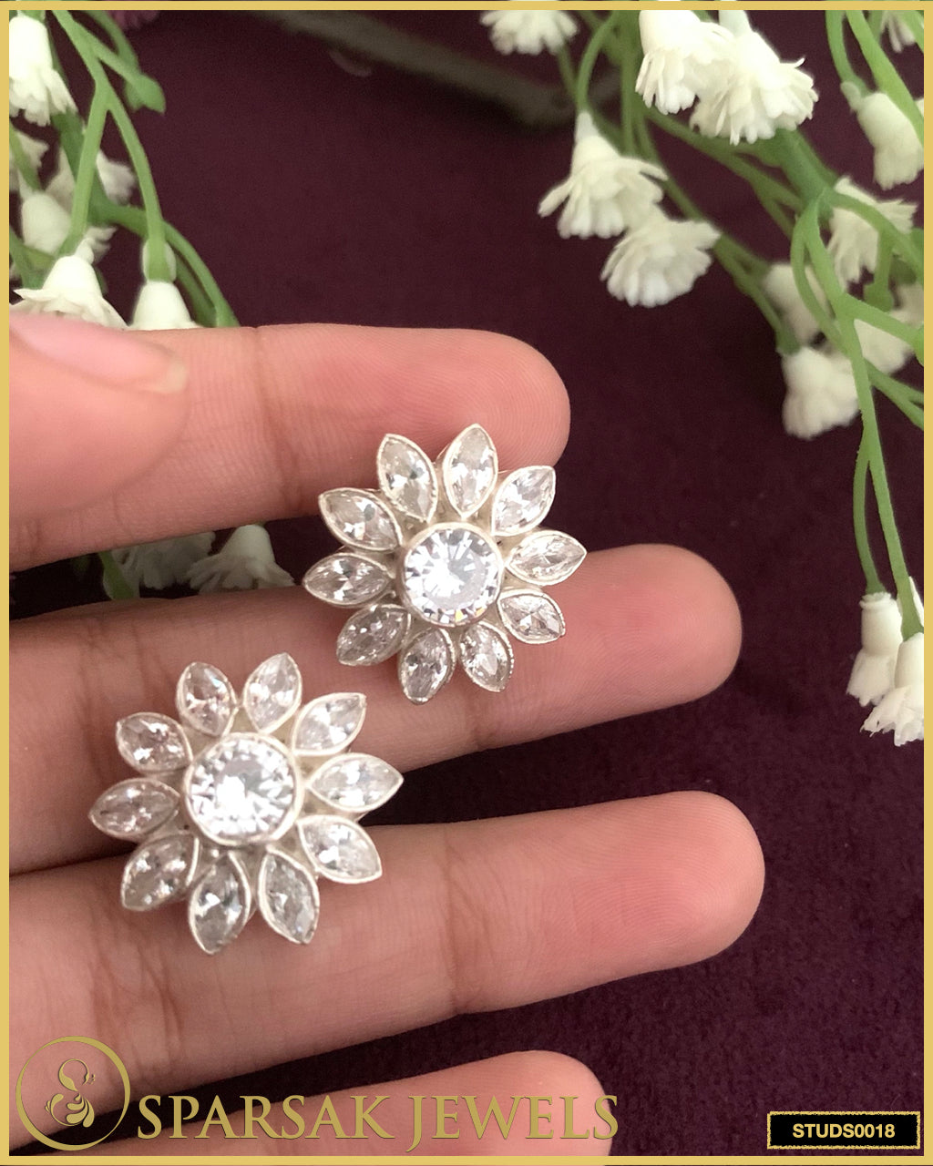 Handcrafted Flower Silver Studs with Cubic Zirconia by Sparsak Jewels