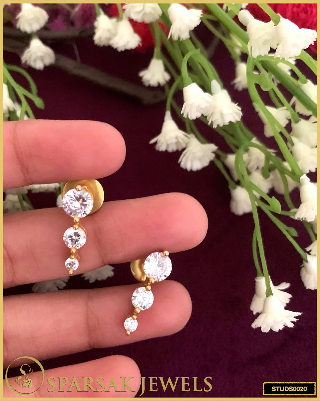 Gold Polished 3 Drop Solitaire Silver Studs with Cubic Zirconia - Luxurious Elegance by Sparsak Jewels