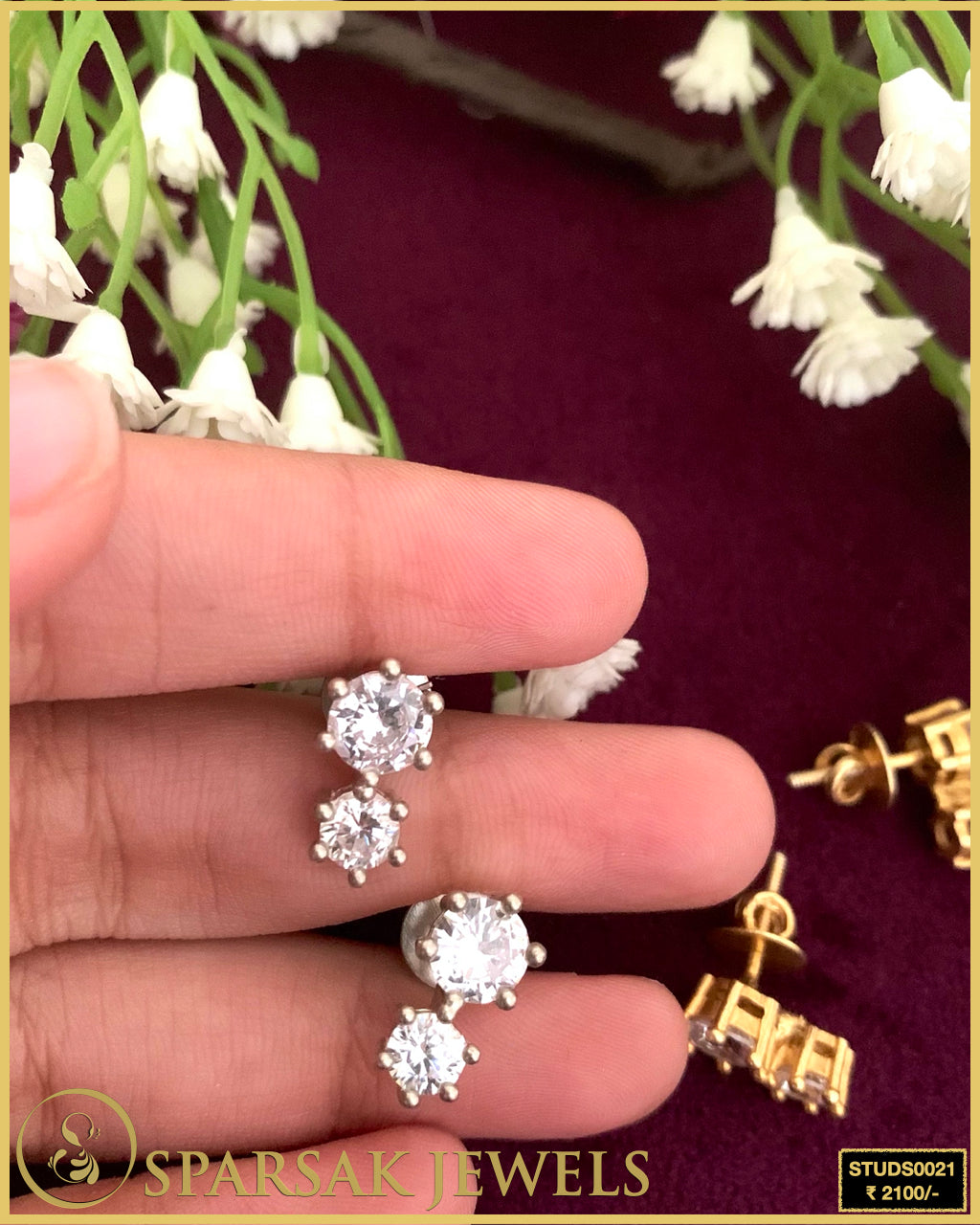 2 Drop Solitaire Silver Studs with Cubic Zirconia - Timeless Elegance by Sparsak Jewels
