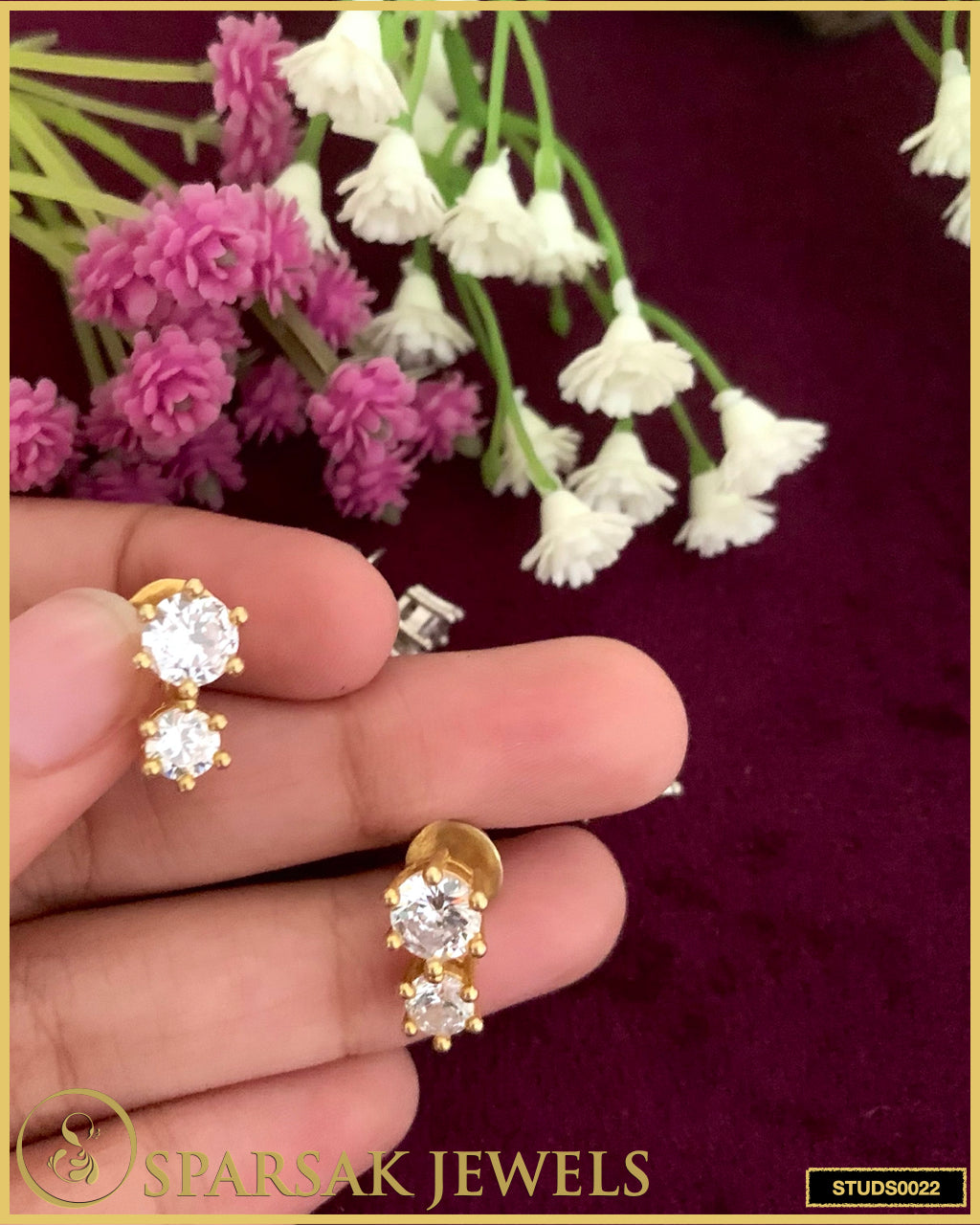 Gold Polished 2 Drop Solitaire Silver Studs with Cubic Zirconia - Luxurious Elegance by Sparsak Jewels