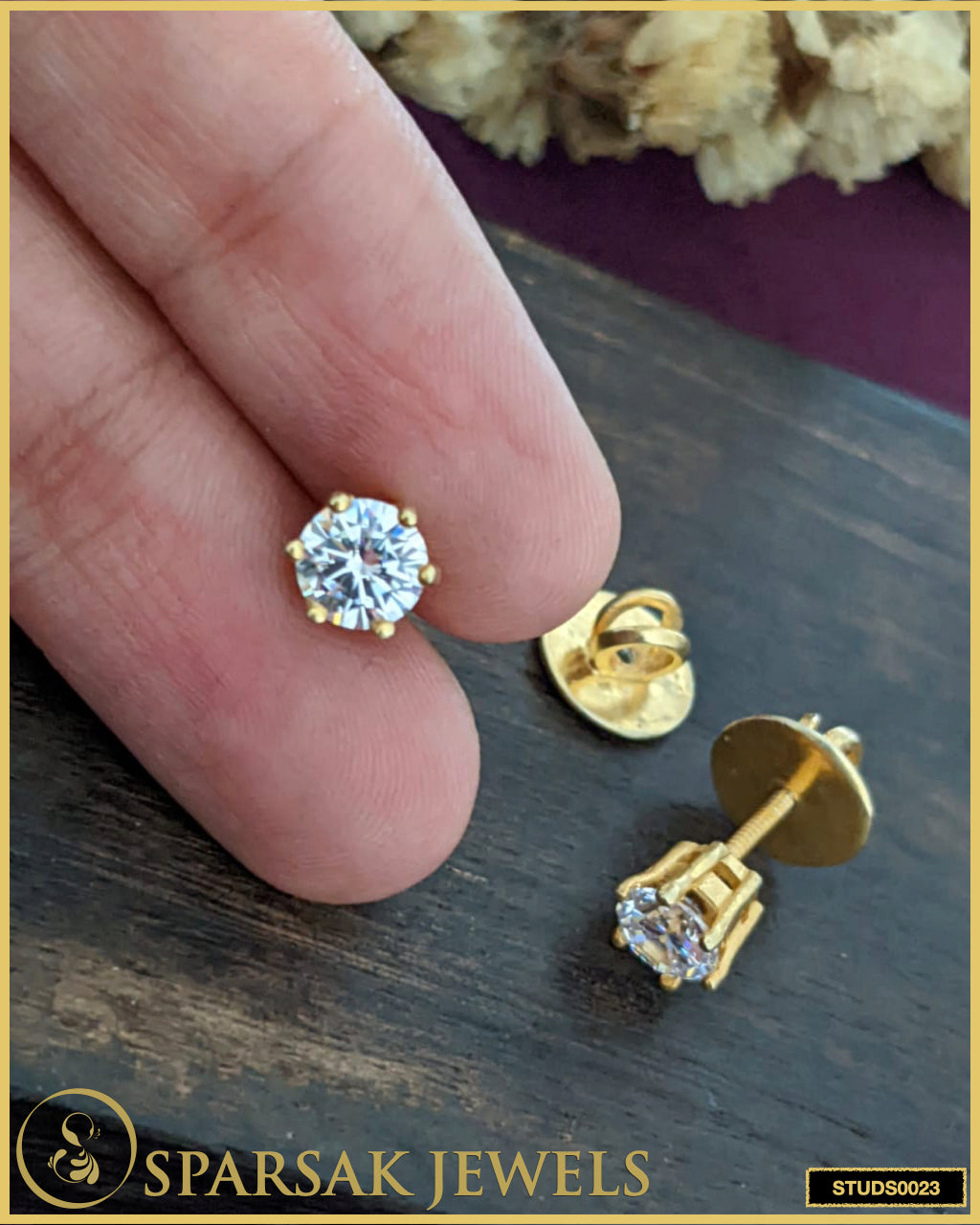 Gold Polished 1 Carat Solitaire Silver Studs with Cubic Zirconia by Sparsak Jewels