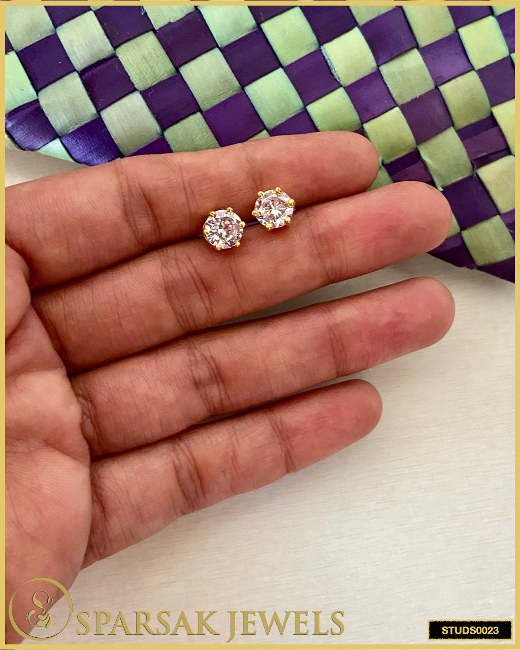 Gold Polished 1 Carat Solitaire Silver Studs with Cubic Zirconia - Luxurious Elegance by Sparsak Jewels