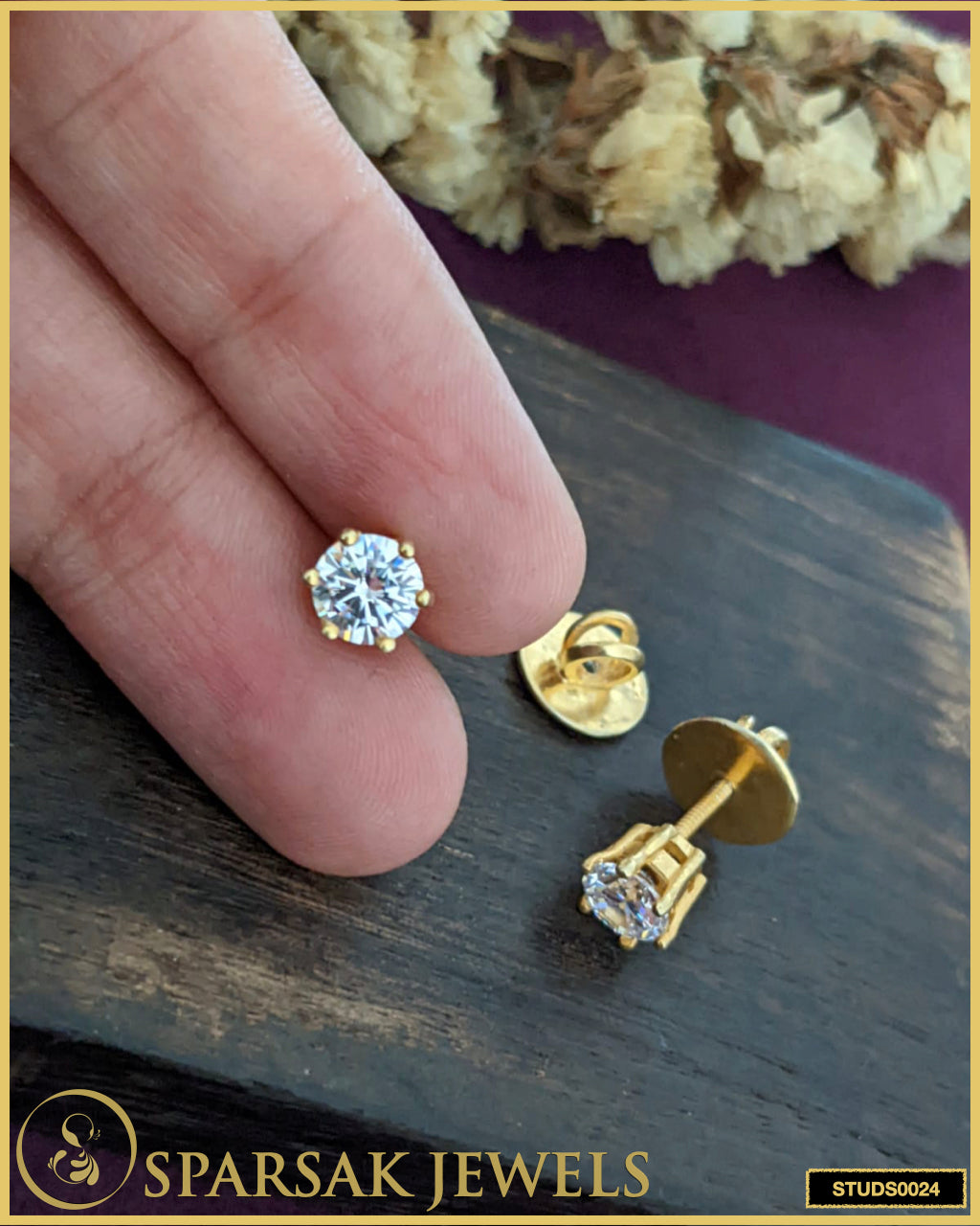 Gold Polished 0.75 Carat Solitaire Silver Studs with Cubic Zirconia by Sparsak Jewels