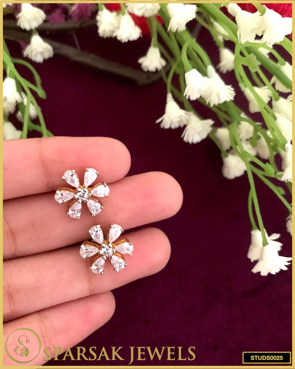 Gold Polished Flower Silver Studs with Cubic Zirconia - Nature-inspired Elegance by Sparsak Jewels