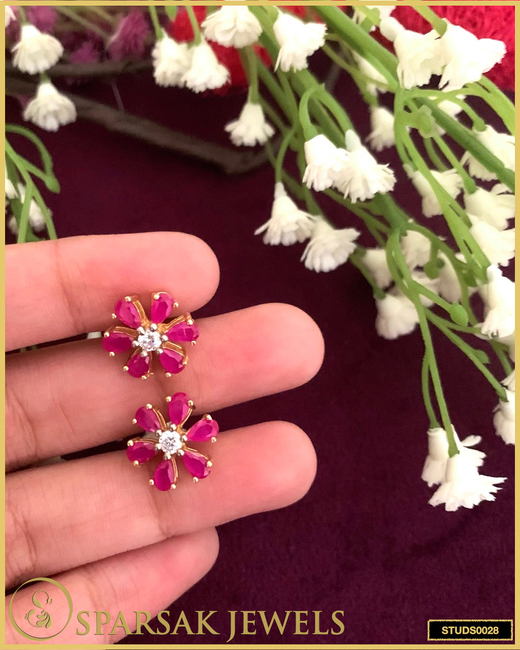 Gold Polished Flower Silver Studs with Ruby - Timeless Elegance by Sparsak Jewels