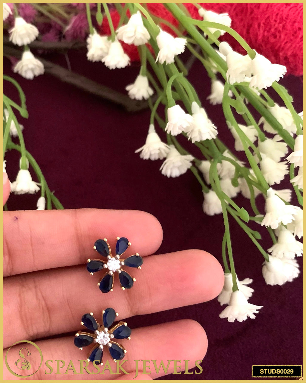 Gold Polished Flower Silver Studs with Sapphire - Elegant Sophistication by Sparsak Jewels