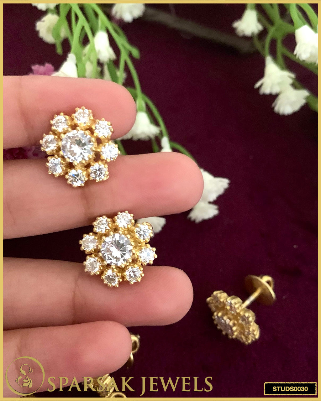 Gold Polished Blooming Flower Silver Studs with Cubic Zirconia - Nature-inspired Elegance by Sparsak Jewels