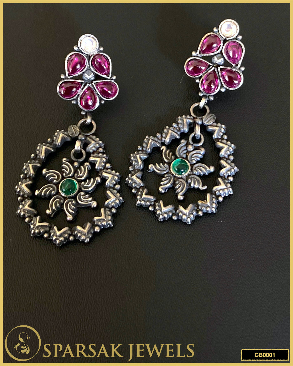 Temple Design Chandbali Earrings in Sterling Silver by Sparsak Jewels